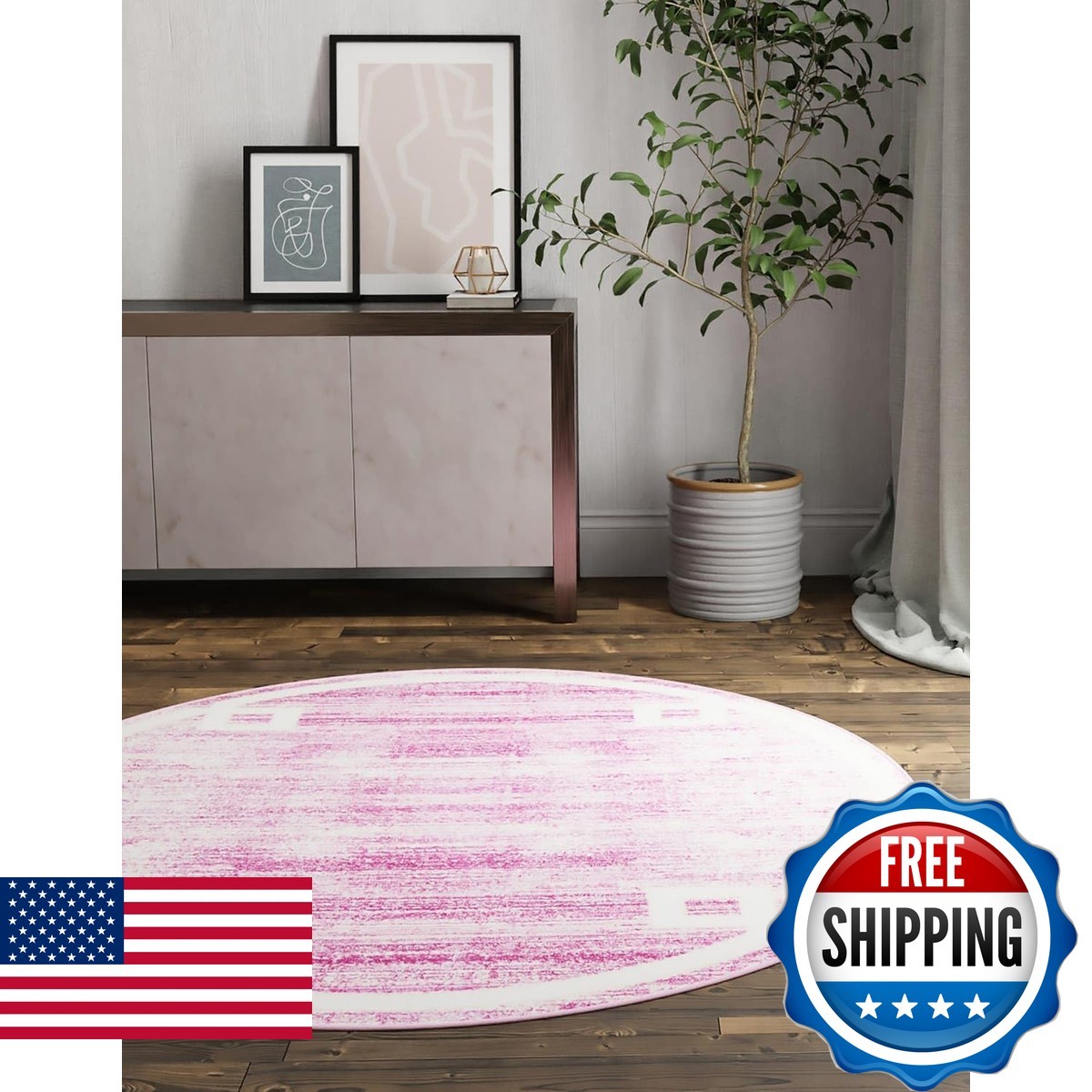 Unique Loom Uptown Collection Area Rug – 3 1 Round Pink/ Ivory 3187044