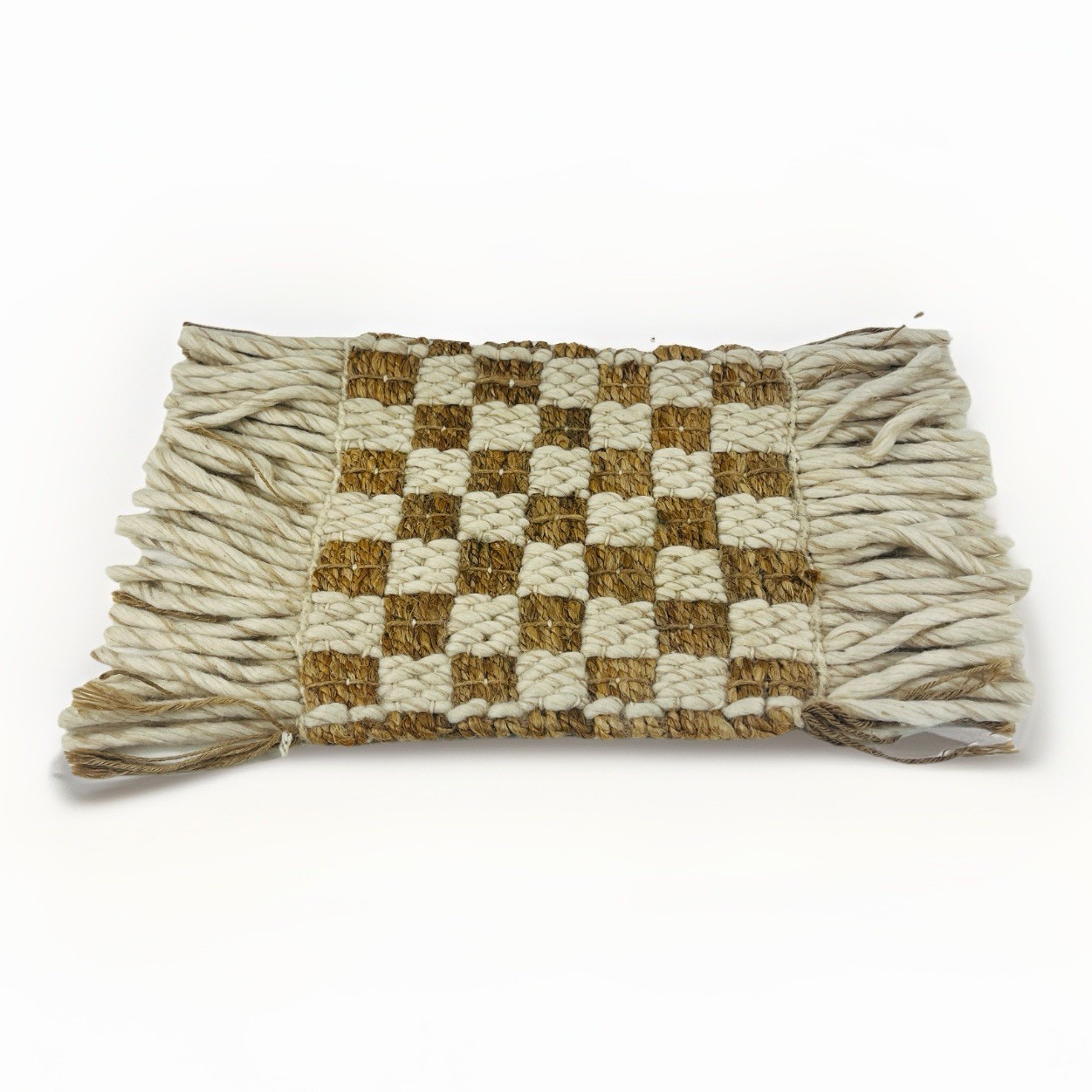 Boho Woven Jute Wool Rug Sample Chess Weave Fringe Edge Natural Farmhouse Decor