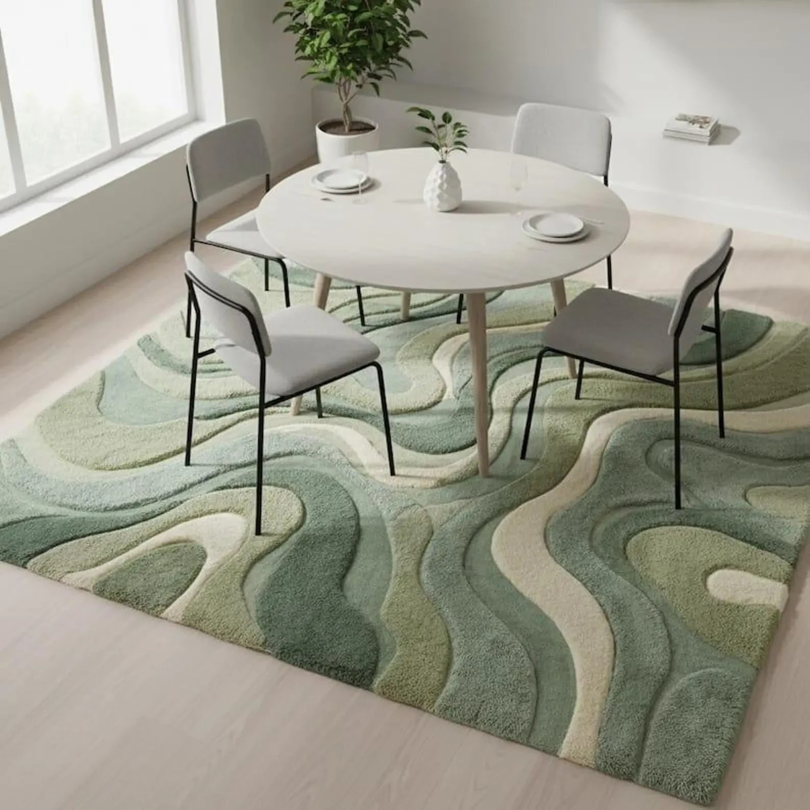 Hand Tufted Rug Mid Century Modern Green Sage Wavy Abstract Carved Carpet Living