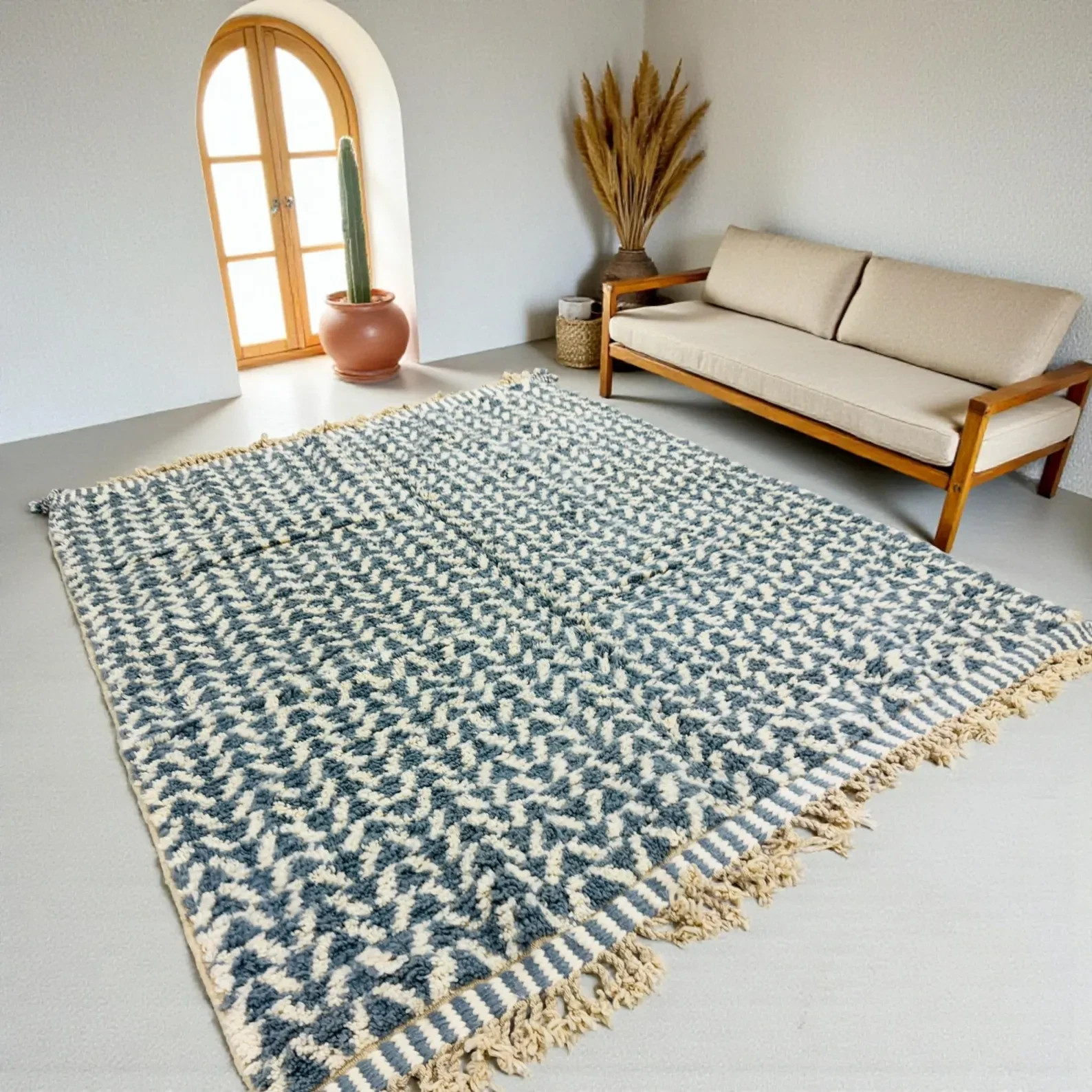 Light Blue Moroccan Rug – Handmade Wool Carpet, Indian Teal Geometric Area Rug,