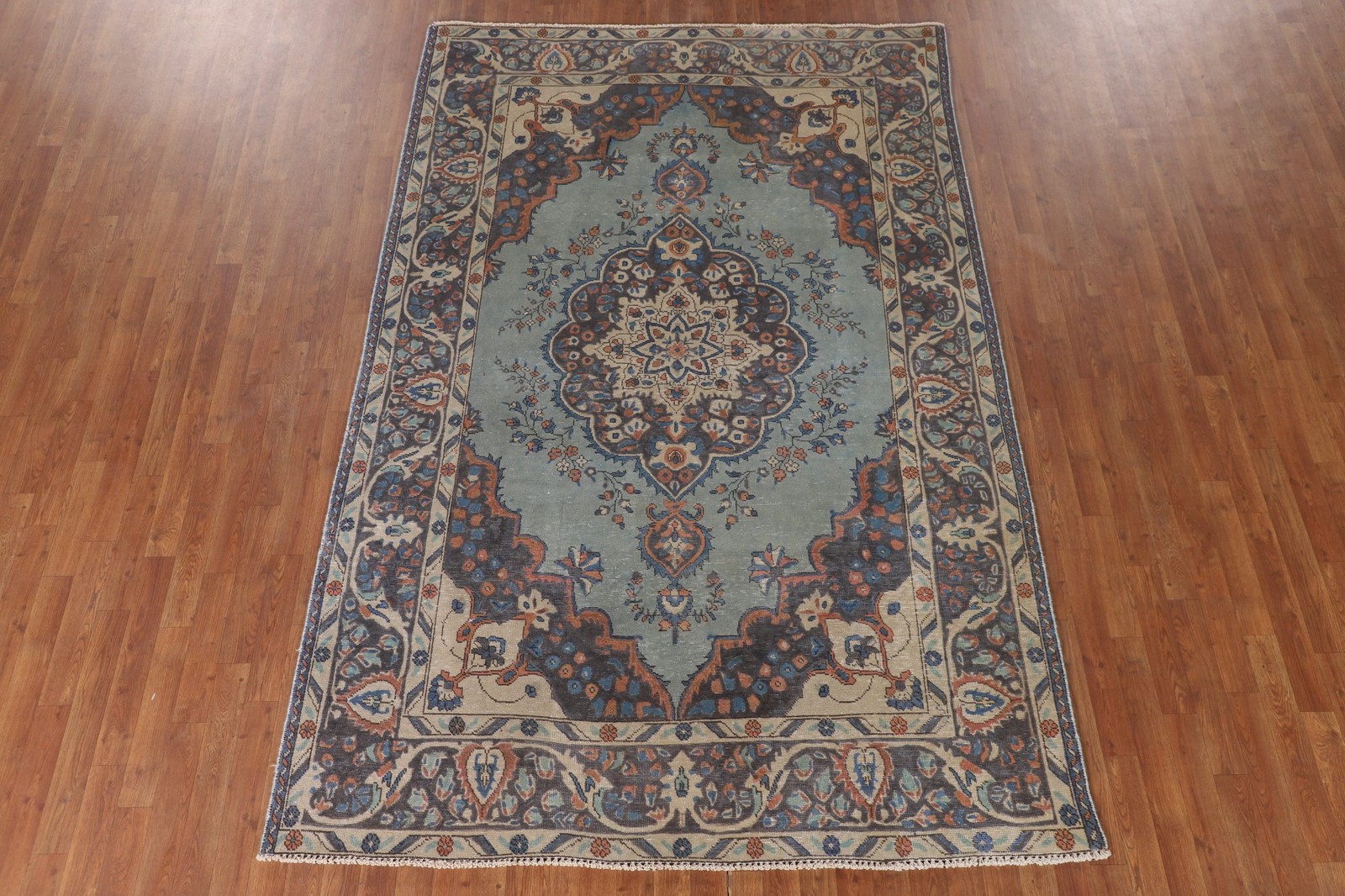 Over-Dyed Light Blue Wool Area Rug 6×9 Medallion Handmade Classic Vintage Carpet
