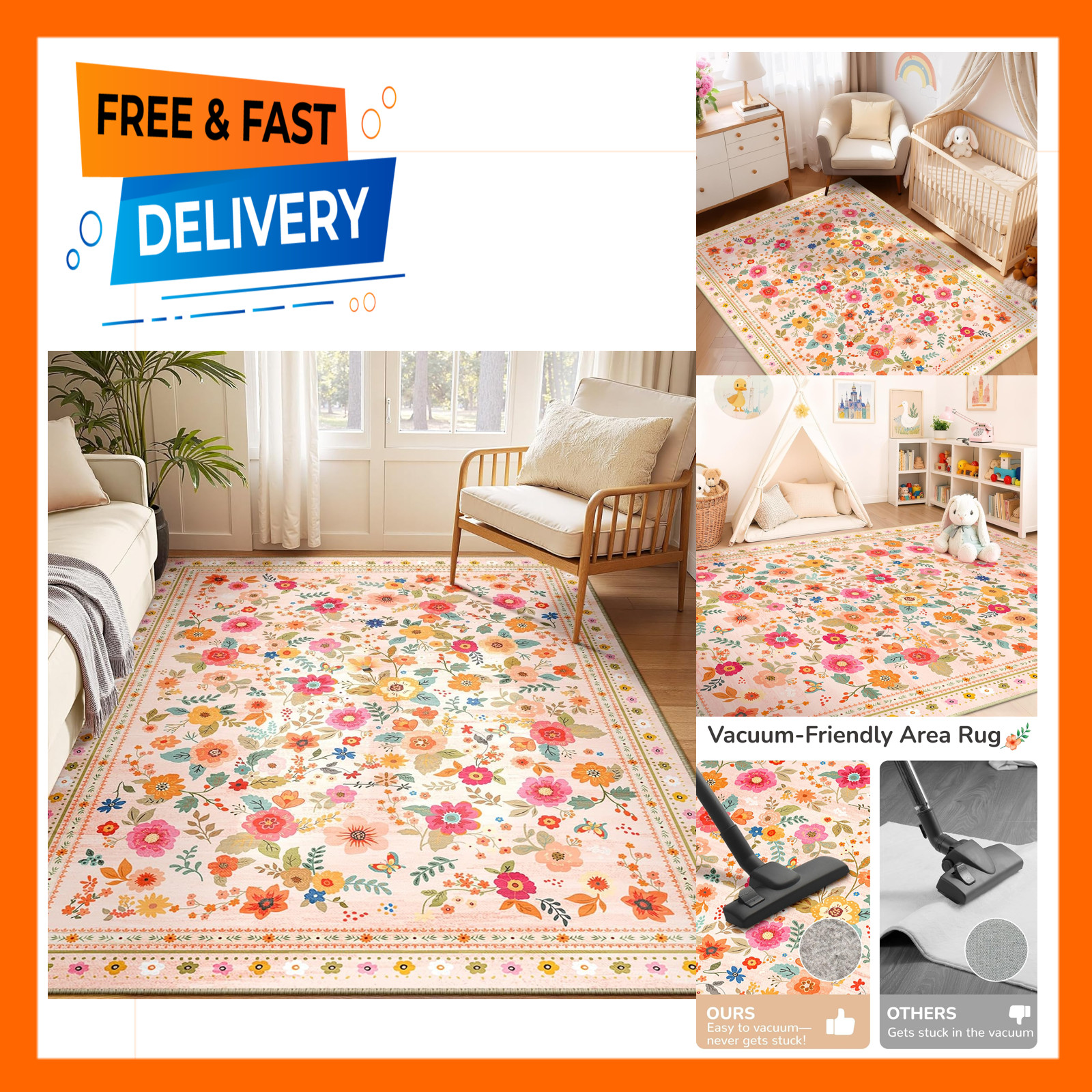 Floral Area Rug 5×7 Inches Pink Beige Non-Slip Washable Living Room Rug Carpet