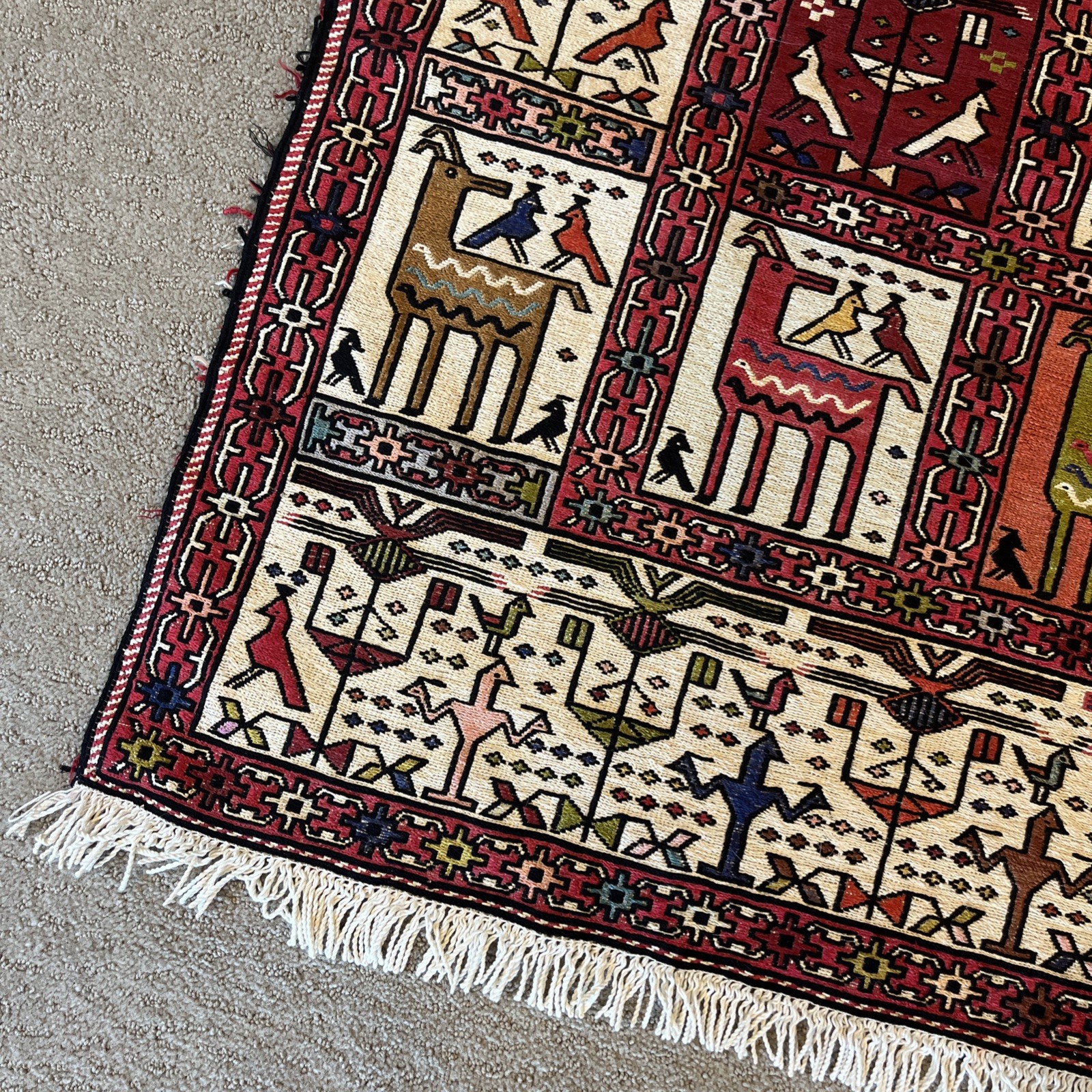 4×6 FT Handwoven Rug Silk And Wool Turkish Flat Weave Kilim Soumak Llama Rooster