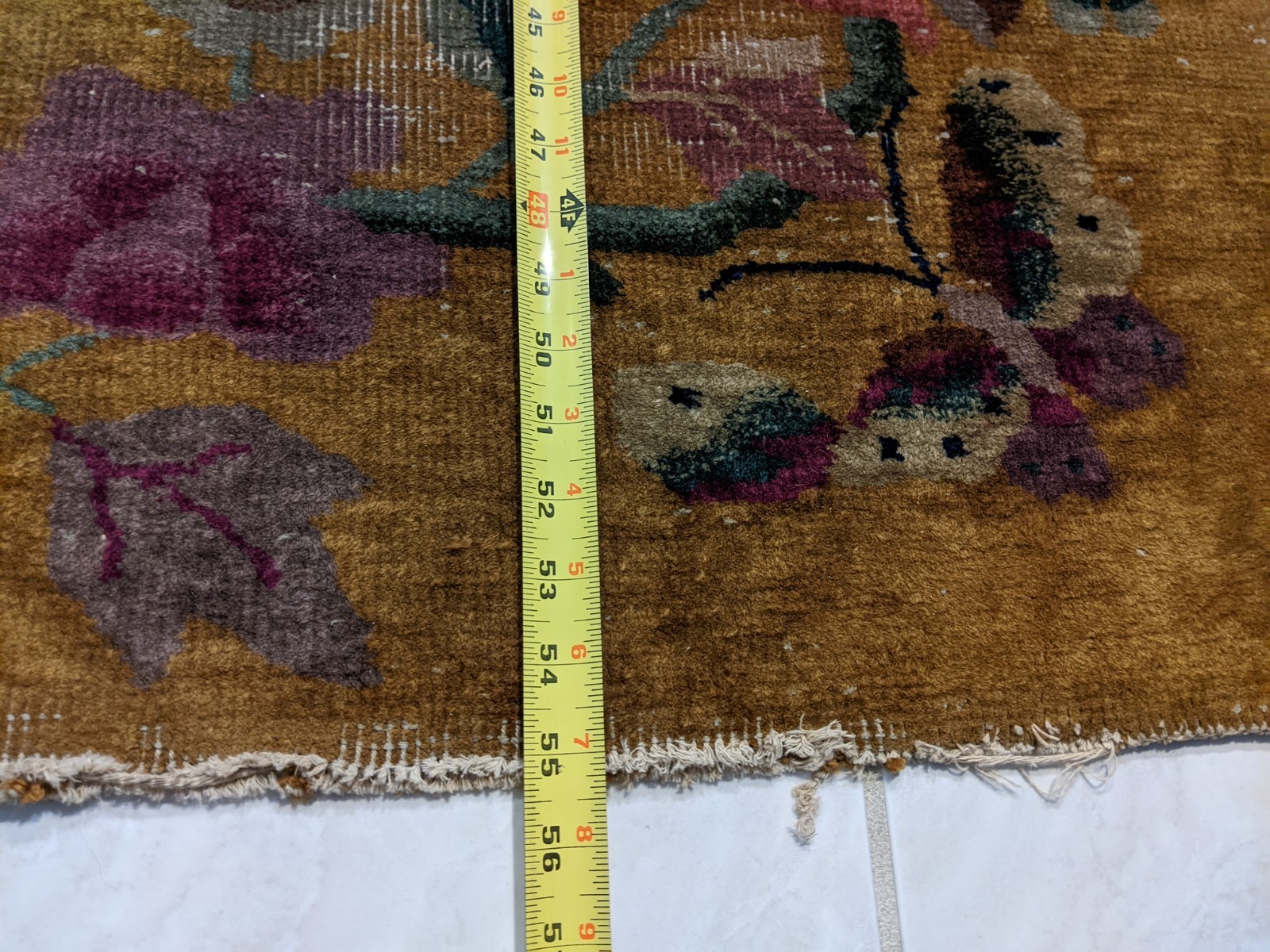 Antique Floral Deco Nichols Hand knotted Rug Butterfly 55” X 35” China 1930s Gld