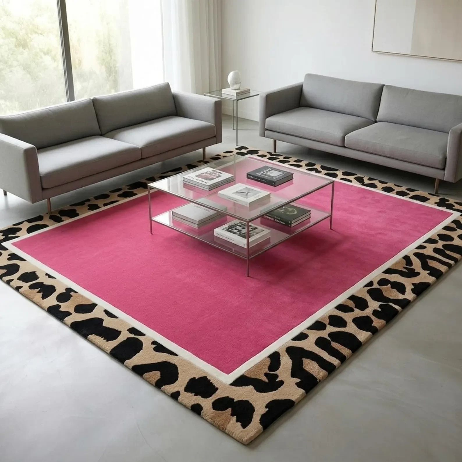Hot Pink Rug with Leopard Print Border, Hand Tufted Wool Area, Magenta Rug