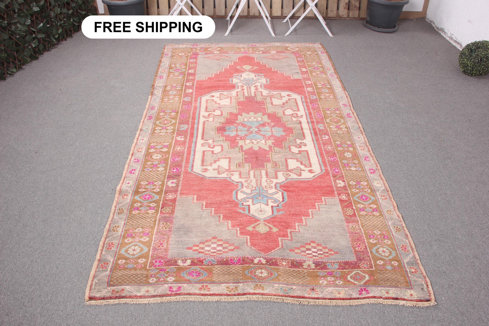 Turkish 4,4×8 ft Rug, Area Vintage Rug, Red Plants & trees Wool Rug