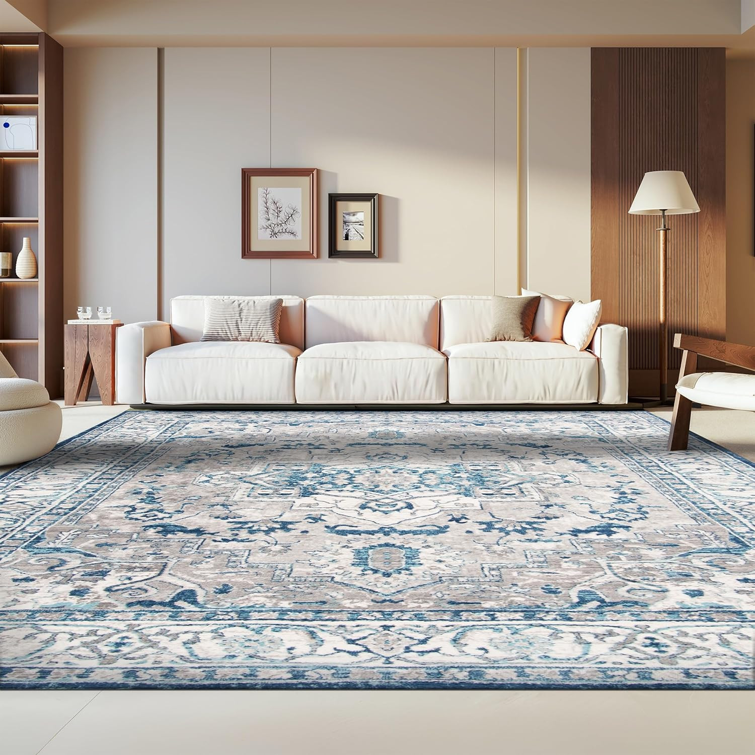 Brentwood Medallion Area Rug 10′ x 13′ Light Grey & Blue, Easy Care