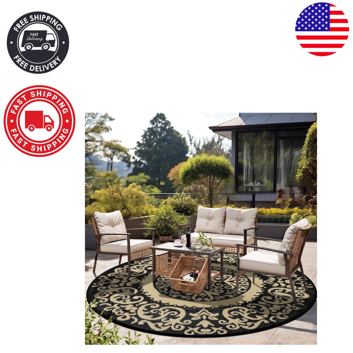 8ft Round Reversible Outdoor Rug in Brown – Stylish Waterproof Mat for Patios