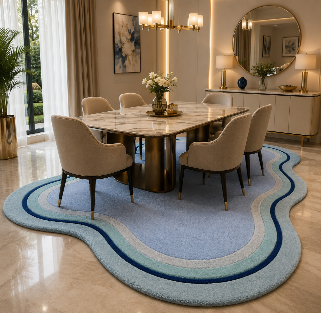 Hand Tufted Wavy Blue Rug, Organic Shape Area Carpet for Modern Living Room