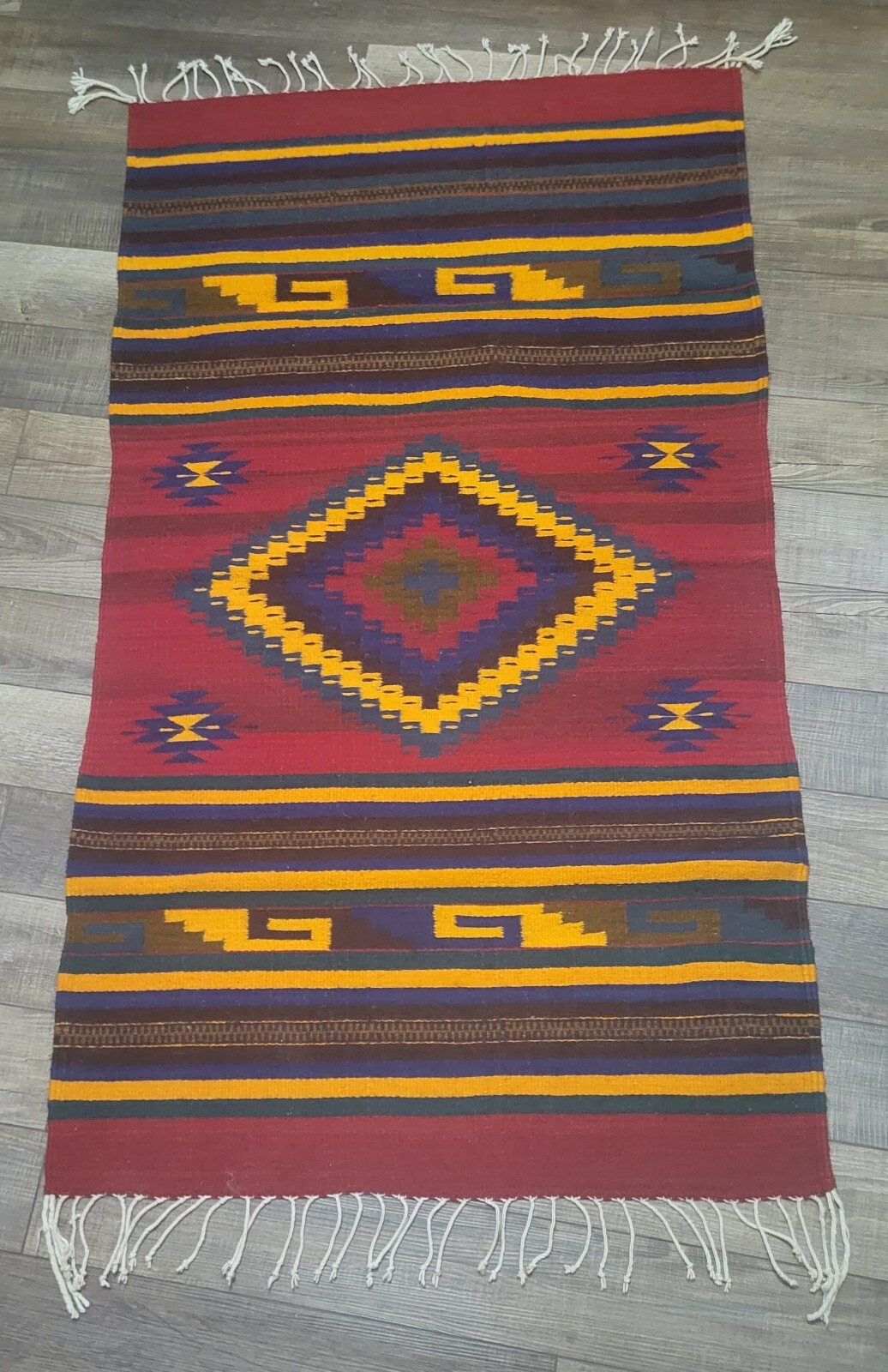 Vintage Native Aztek Design Woven Wool Rug 58″ X 32″ Beautiful Red