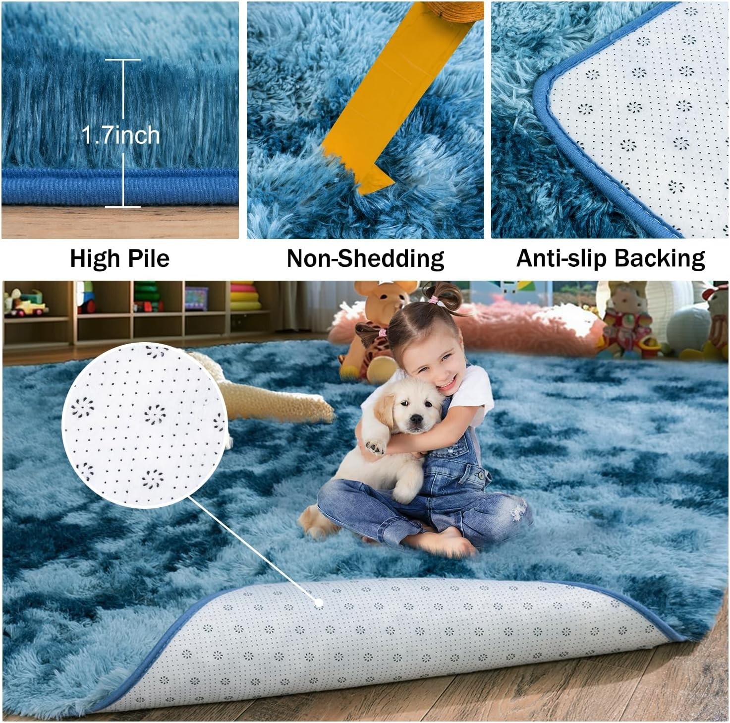 Fluffy Area Rug 8×10 Large Shaggy Soft Tie Dye Blue Mat for Living Bedroom Floor