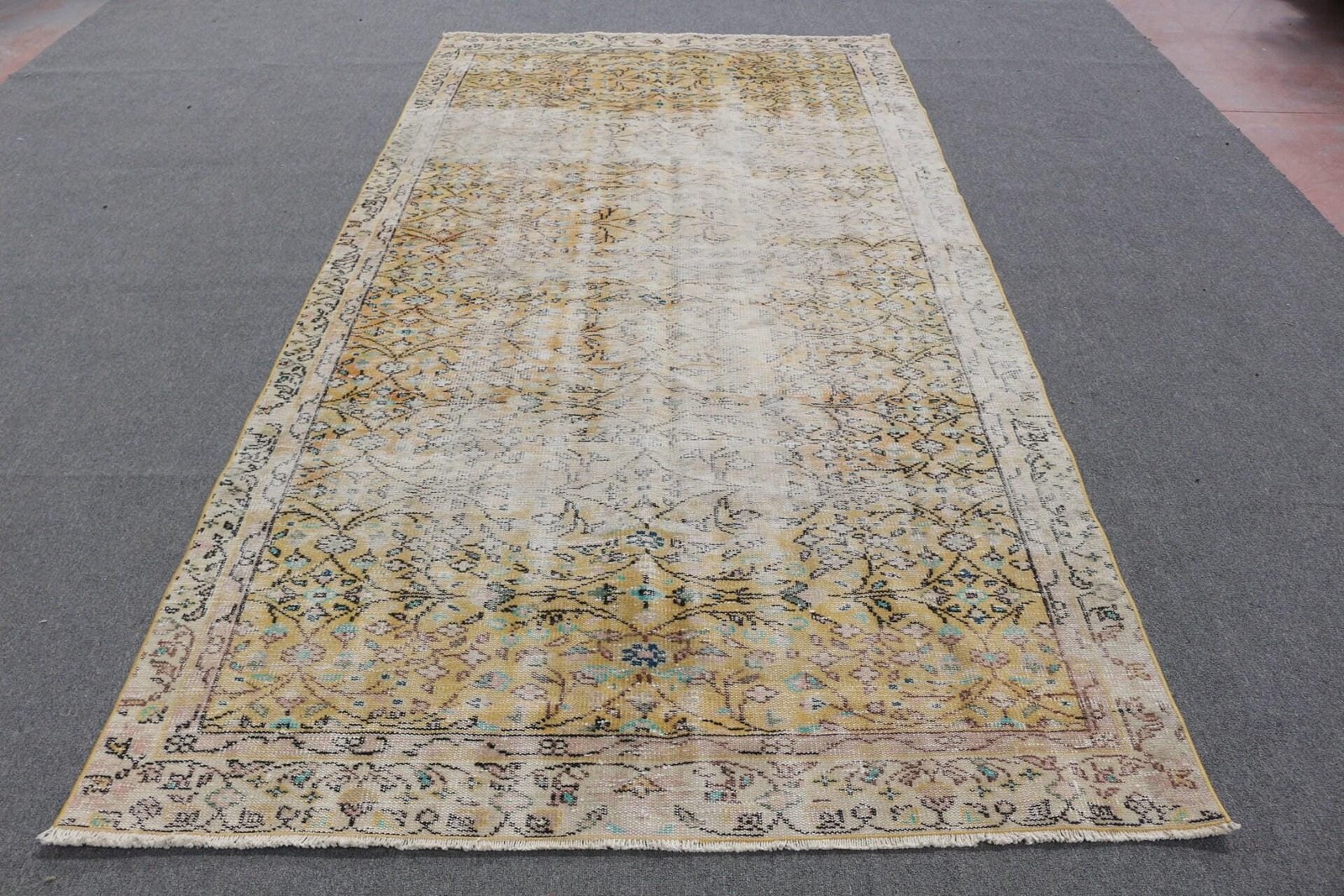 5,2×10,2 ft Rug, Turkish Vintage Rug, Yellow Blue Plants & trees Wool Rug
