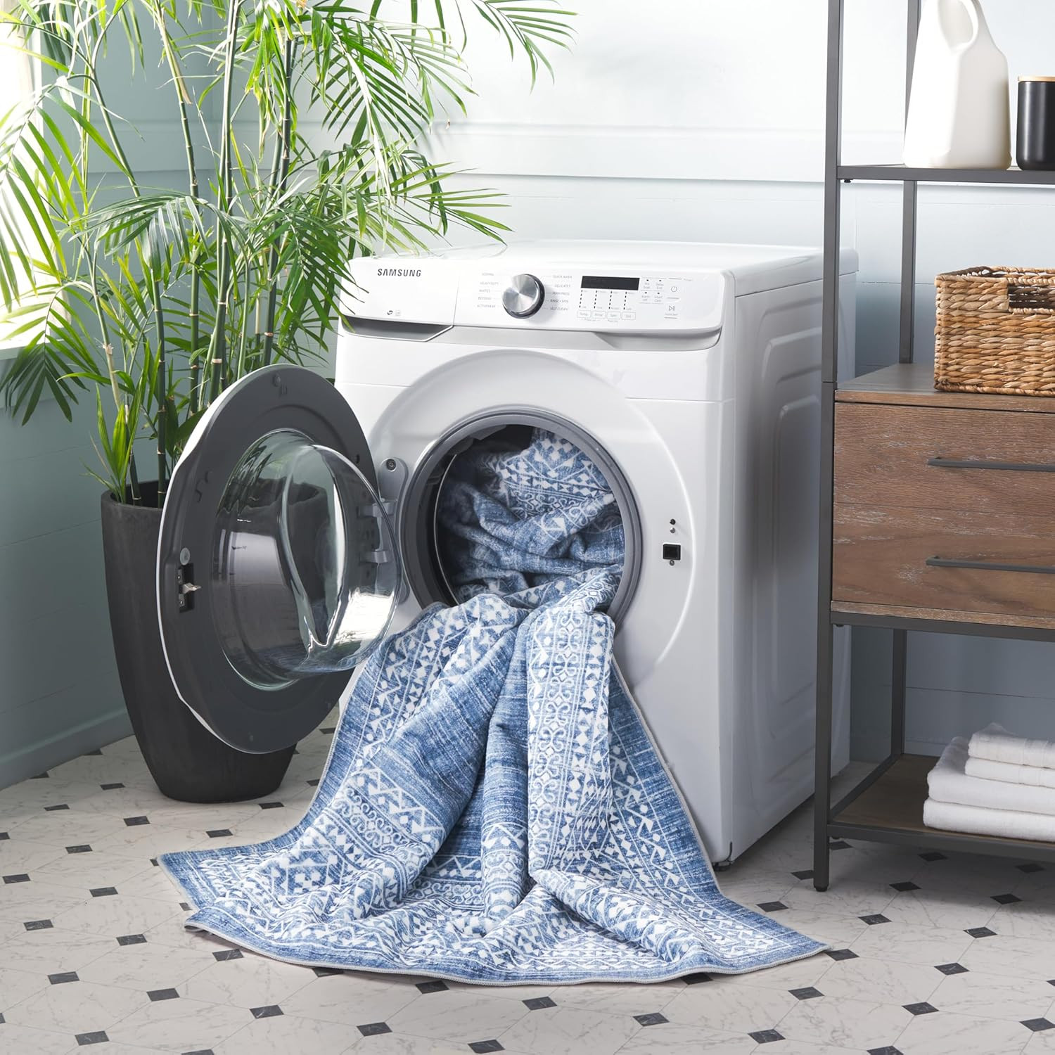 Washable Blue & Ivory Rug – 5′ x 8′, Slip Resistant, Easy to Clean
