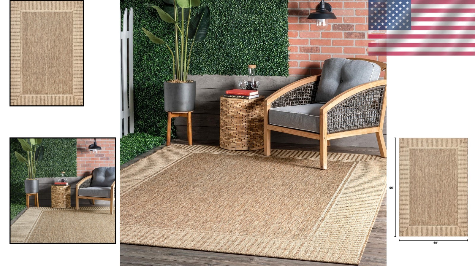 Asha Light Brown Bordered Indoor/Outdoor Rug – 5′ x 8′, Water & Stain Resistant