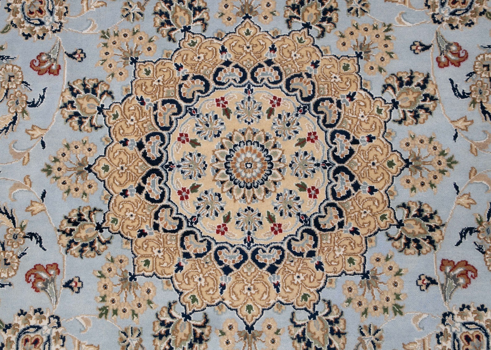 Persiann Medallion Nain Blue Ivory Wool Silk Super Fine Weave Hand Knotted Rug