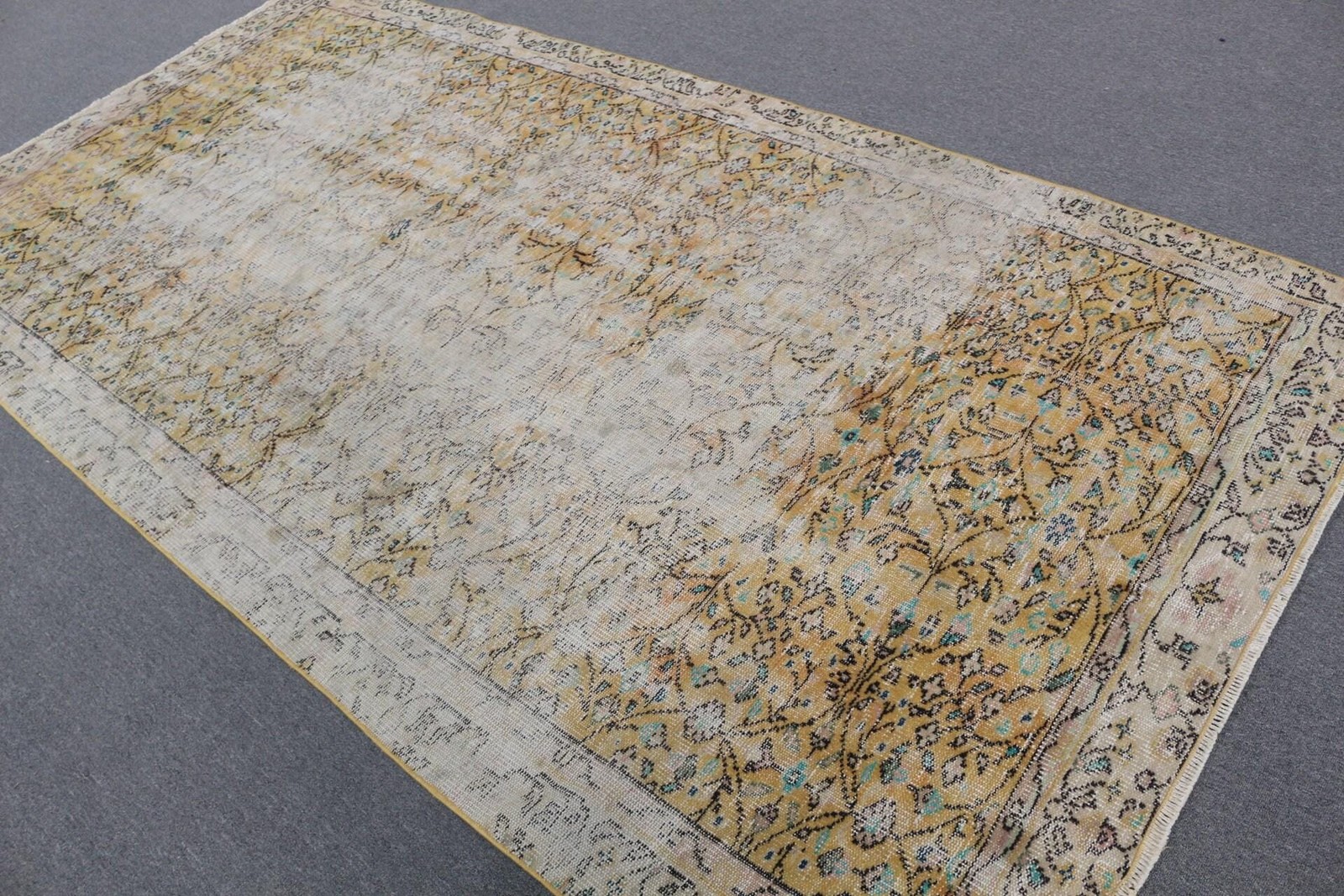 5,2×10,2 ft Rug, Turkish Vintage Rug, Yellow Blue Plants & trees Wool Rug