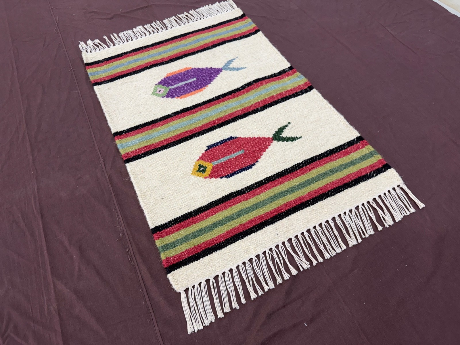 Hand Woven Wool Rug 2×3 Cream Tribal Fish Folk Art Striped Small Kilim for Kids
