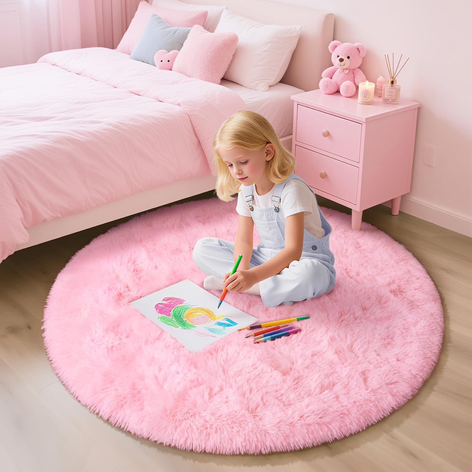 Pink Round Rug for Bedroom, 4×4 Ft Fluffy Soft Circle Area Rugs for Living Ro…
