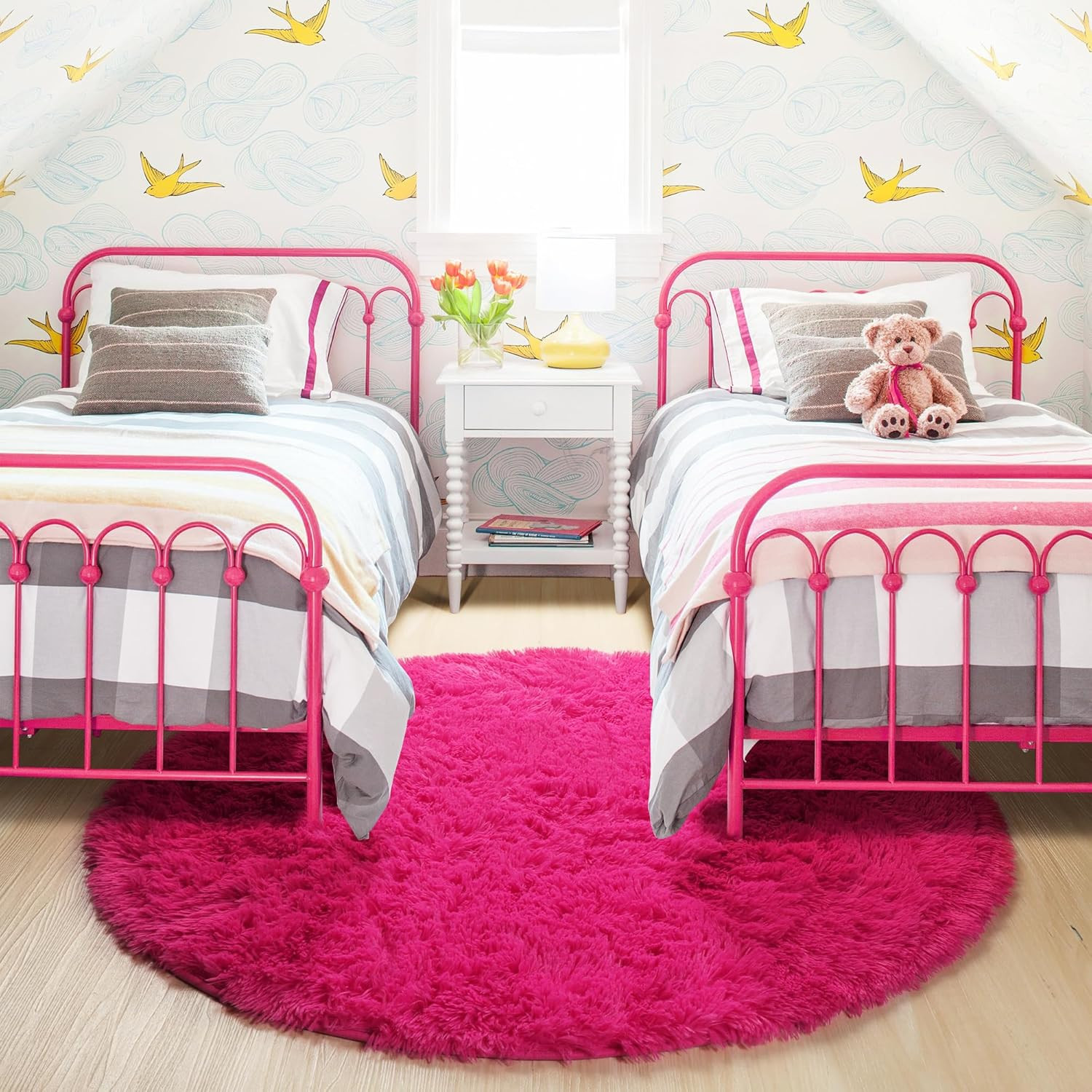 Hot Pink Fluffy round Rug 4Ft for Girls Bedroom Kids Room Nursery | Shaggy Plush