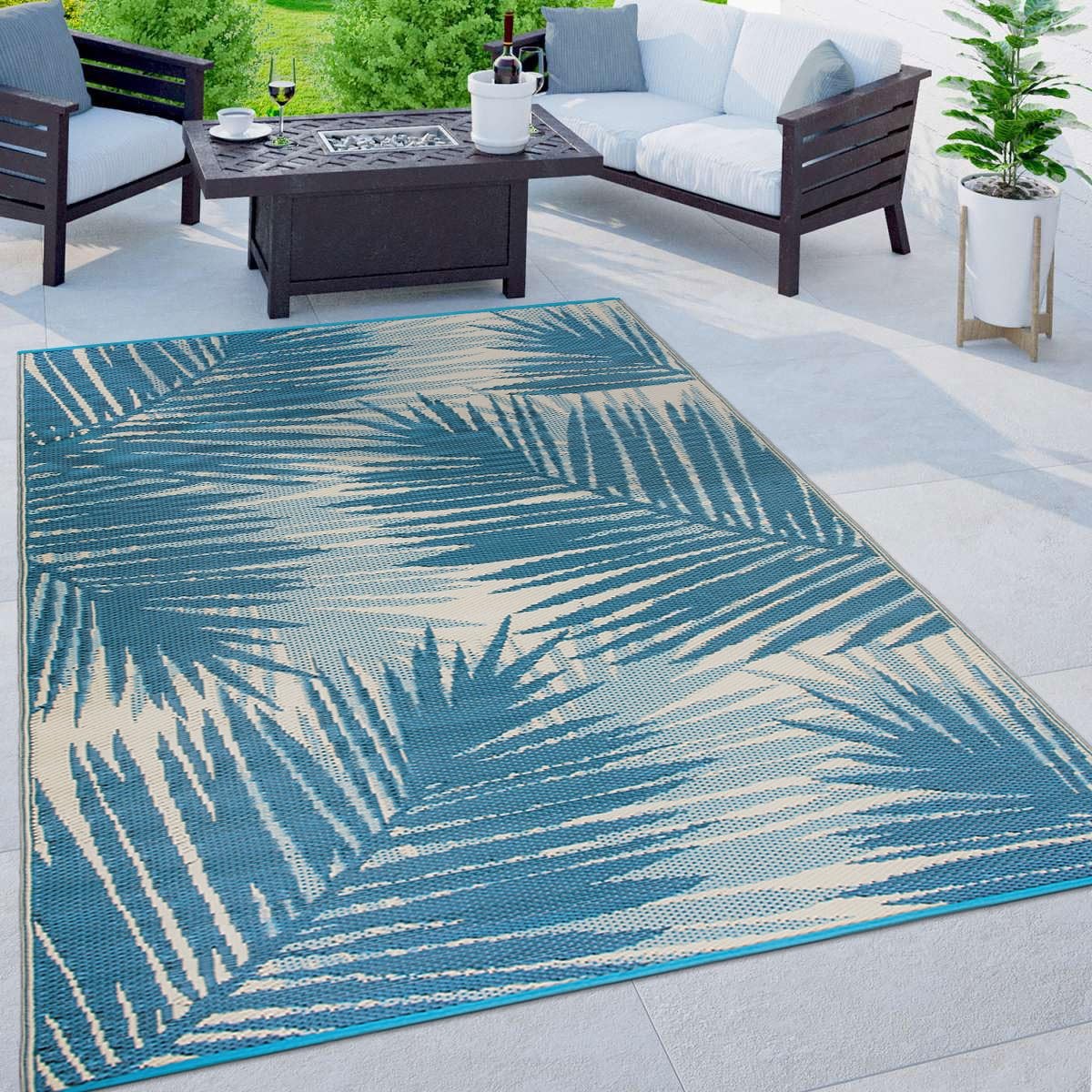 Premium 5×7 Blue Polypropylene Indoor Outdoor Reversible Straw Rug Durable Wa…