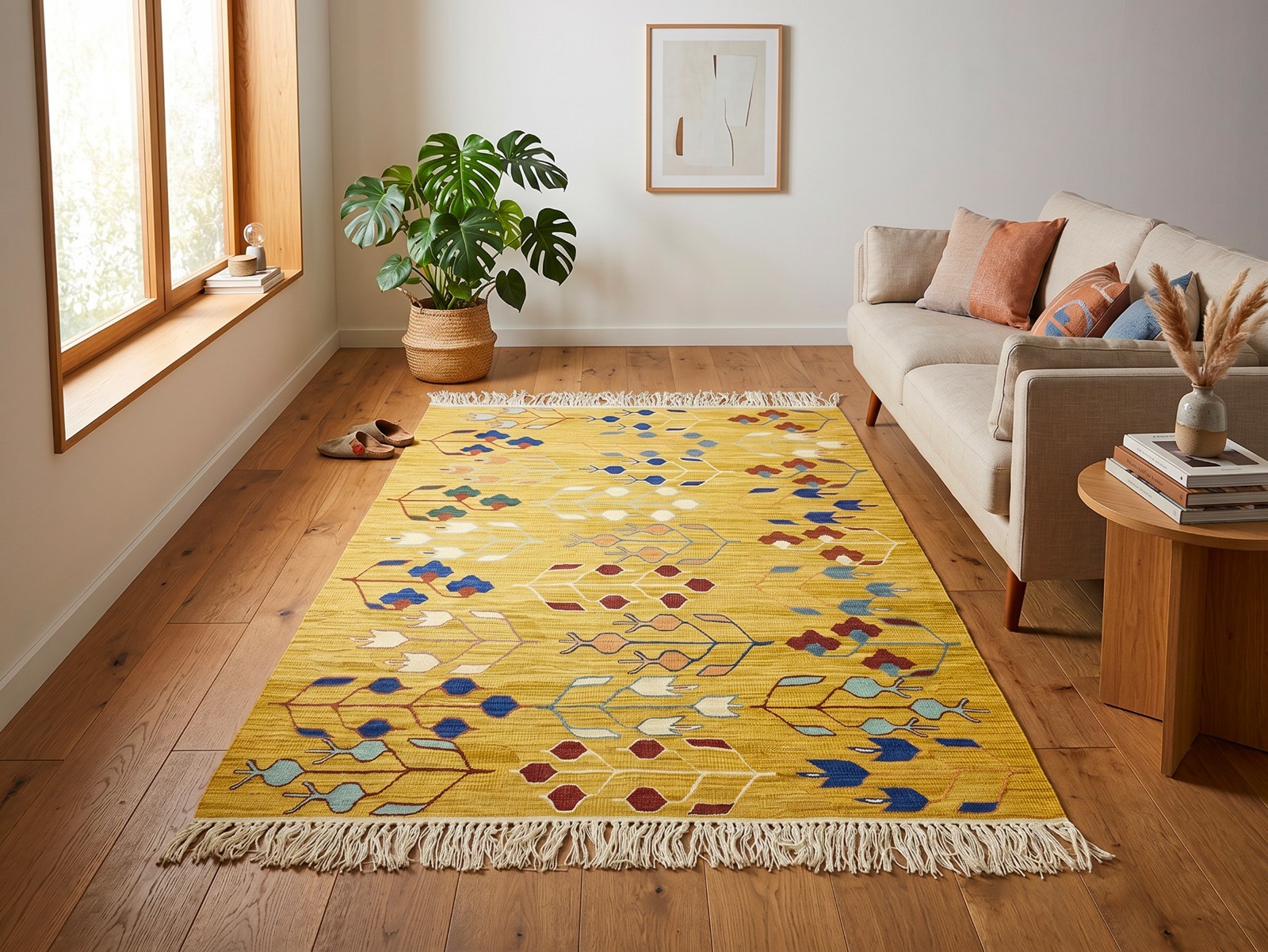Golden Botanical Kilim 4×5.5 Turkish Handwoven Rug – Cottagecore Collected Home