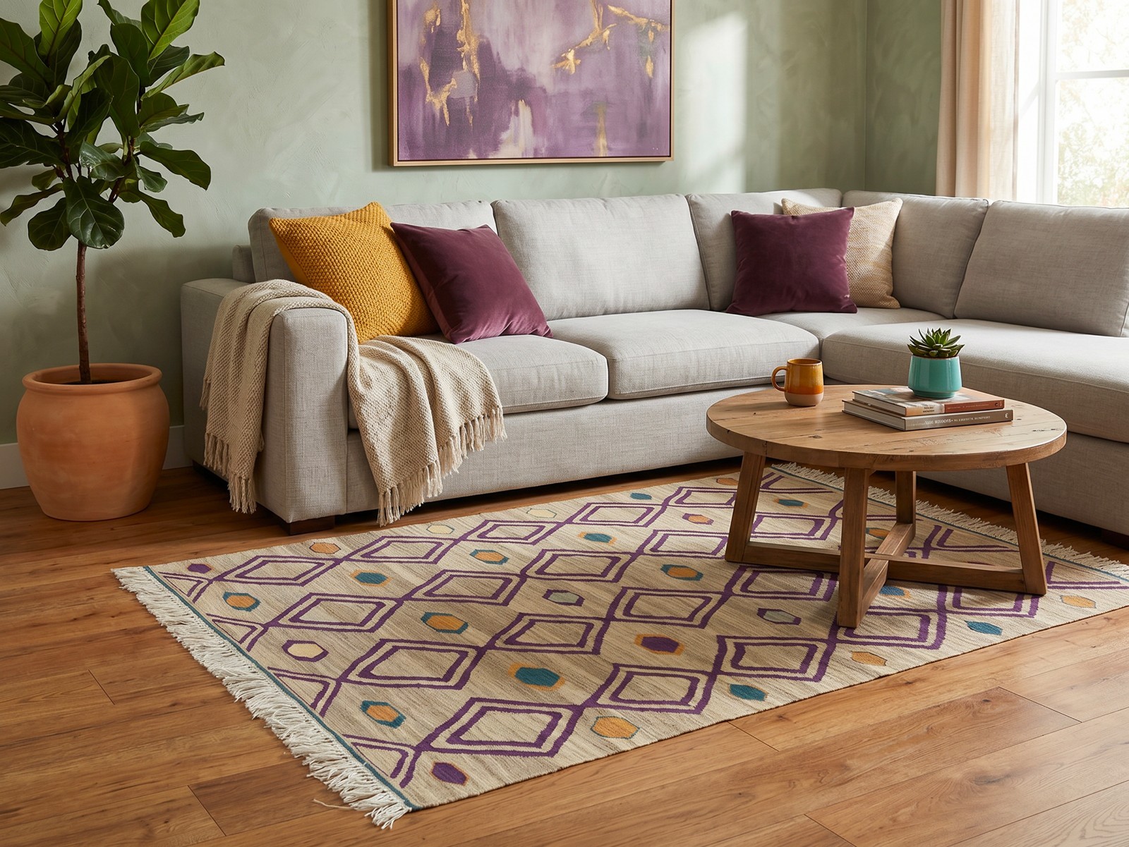Turkish Kilim Area Rug 4×6 ft Lavender Teal Wool – Geometric Modern Handwoven