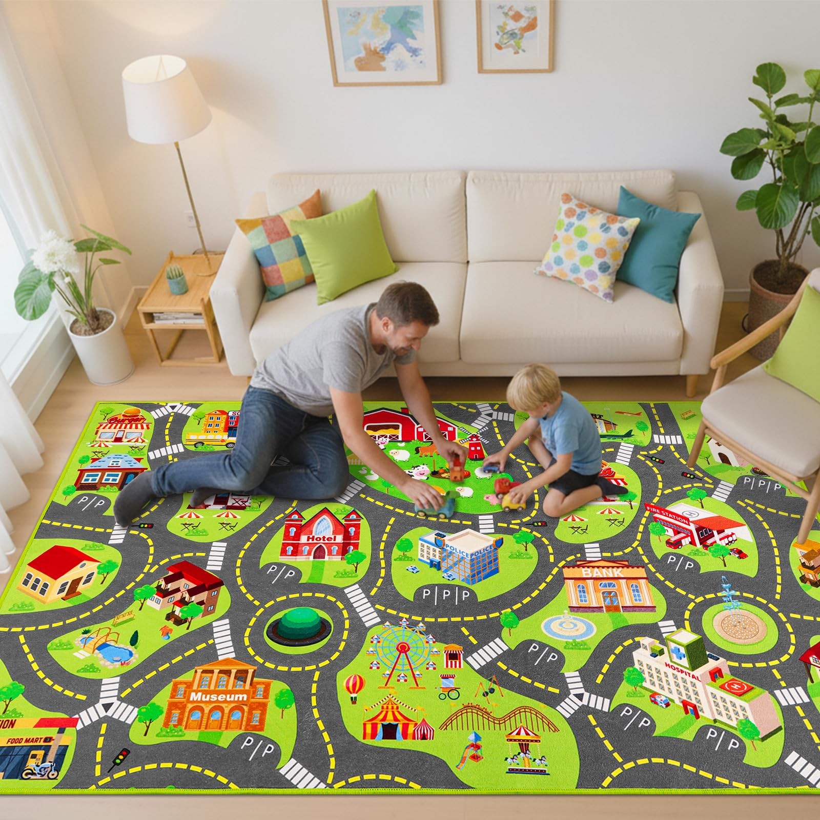 Kids Car Rug Play Mat 78.7″x47.3″ Non-Slip City Road Carpet – Machine Washable