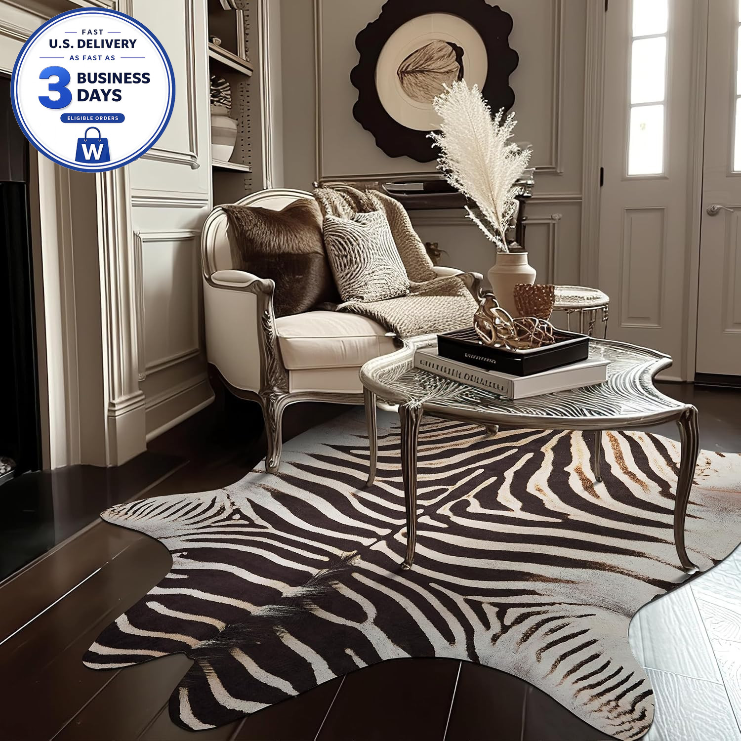 Zebra Print Area Rug, Soft Faux Suede, Non-Slip, Washable, 4X5 ft