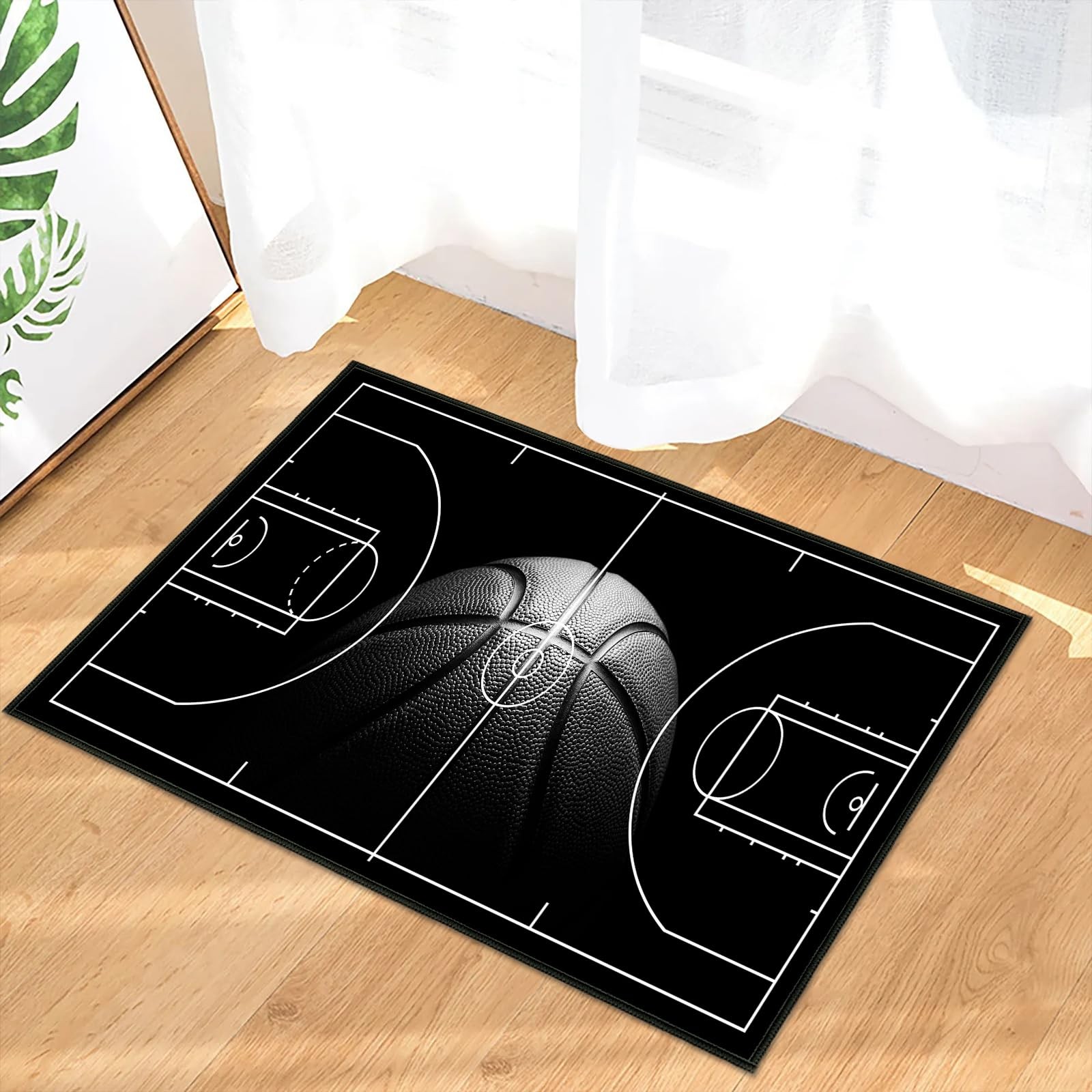 Basketball Court Area Rug 2×3 Ft Black Washable Non Slip Indoor Door Mat
