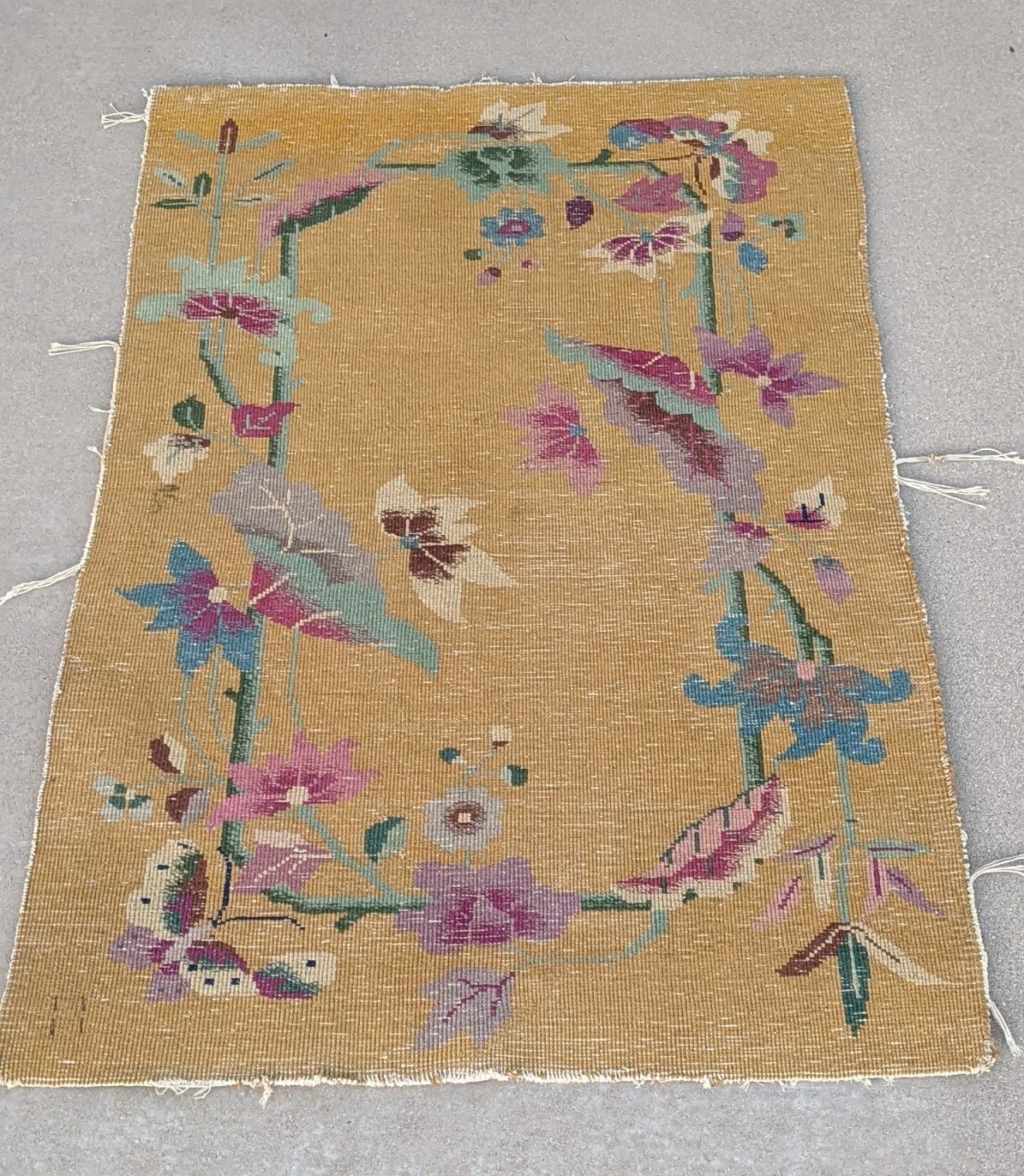 Antique Floral Deco Nichols Hand knotted Rug Butterfly 55” X 35” China 1930s Gld