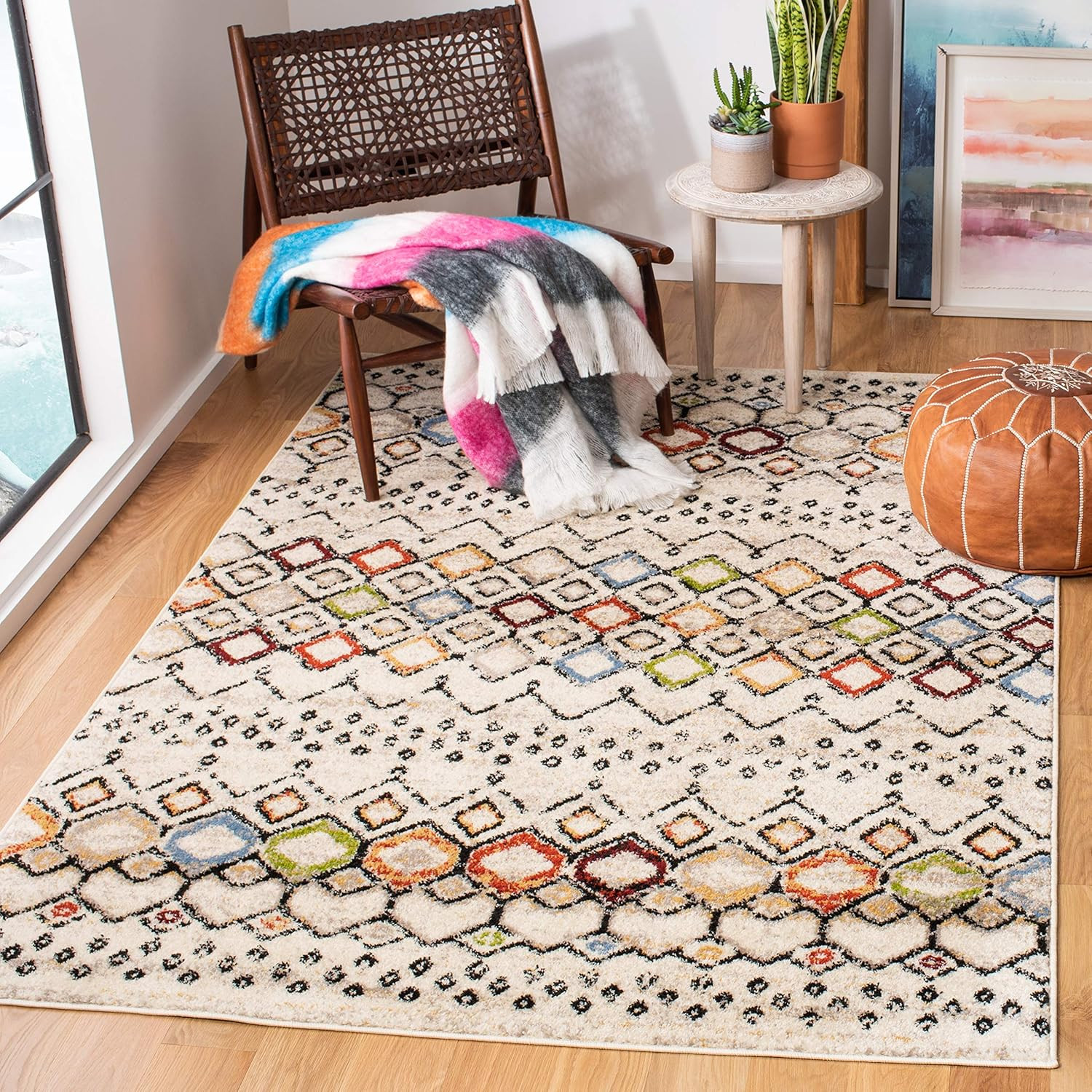 Amsterdam Moroccan Boho Area Rug 6’7″ x 9’2″, Ivory & Multi, Easy Care