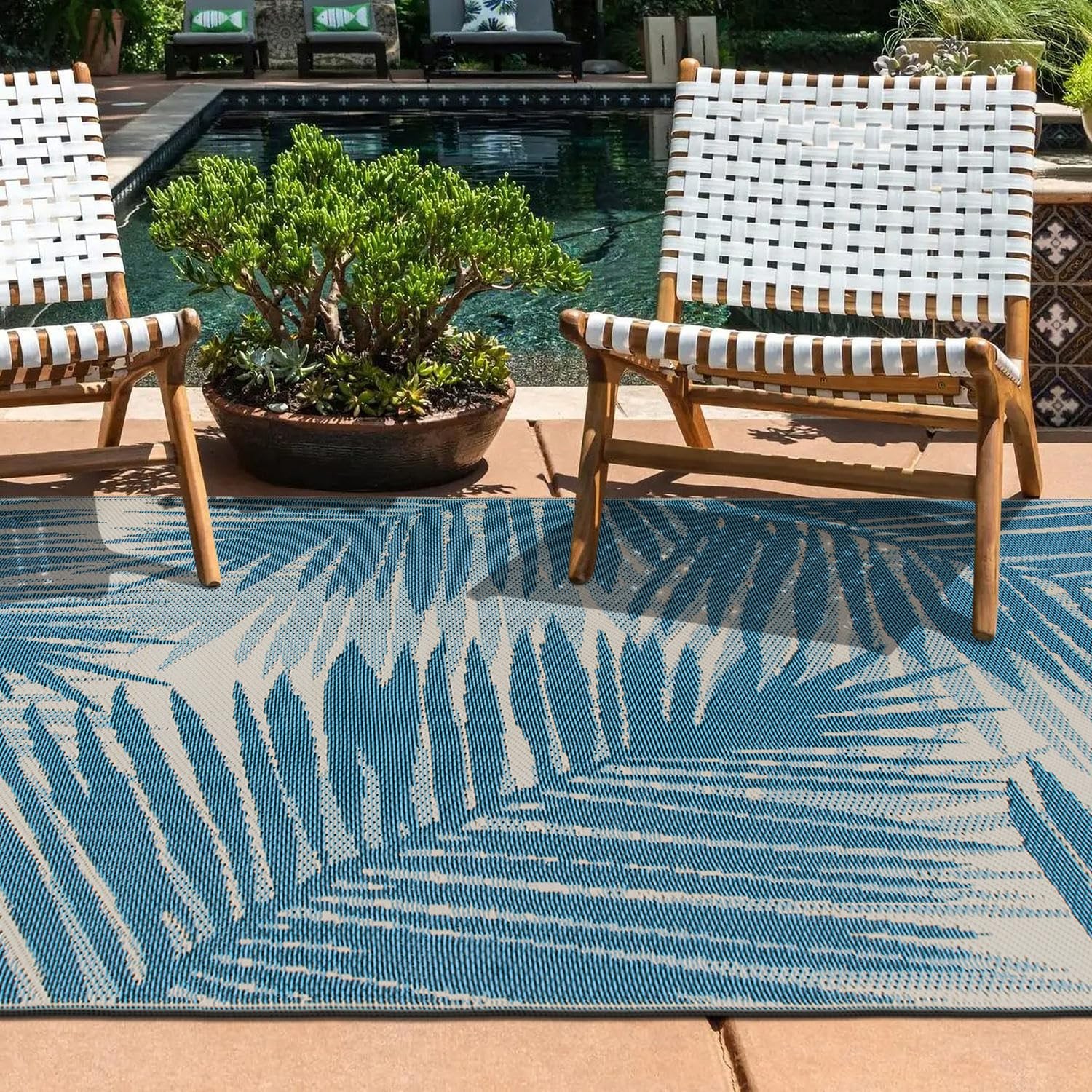 Premium 5×7 Blue Polypropylene Indoor Outdoor Reversible Straw Rug Durable Wa…