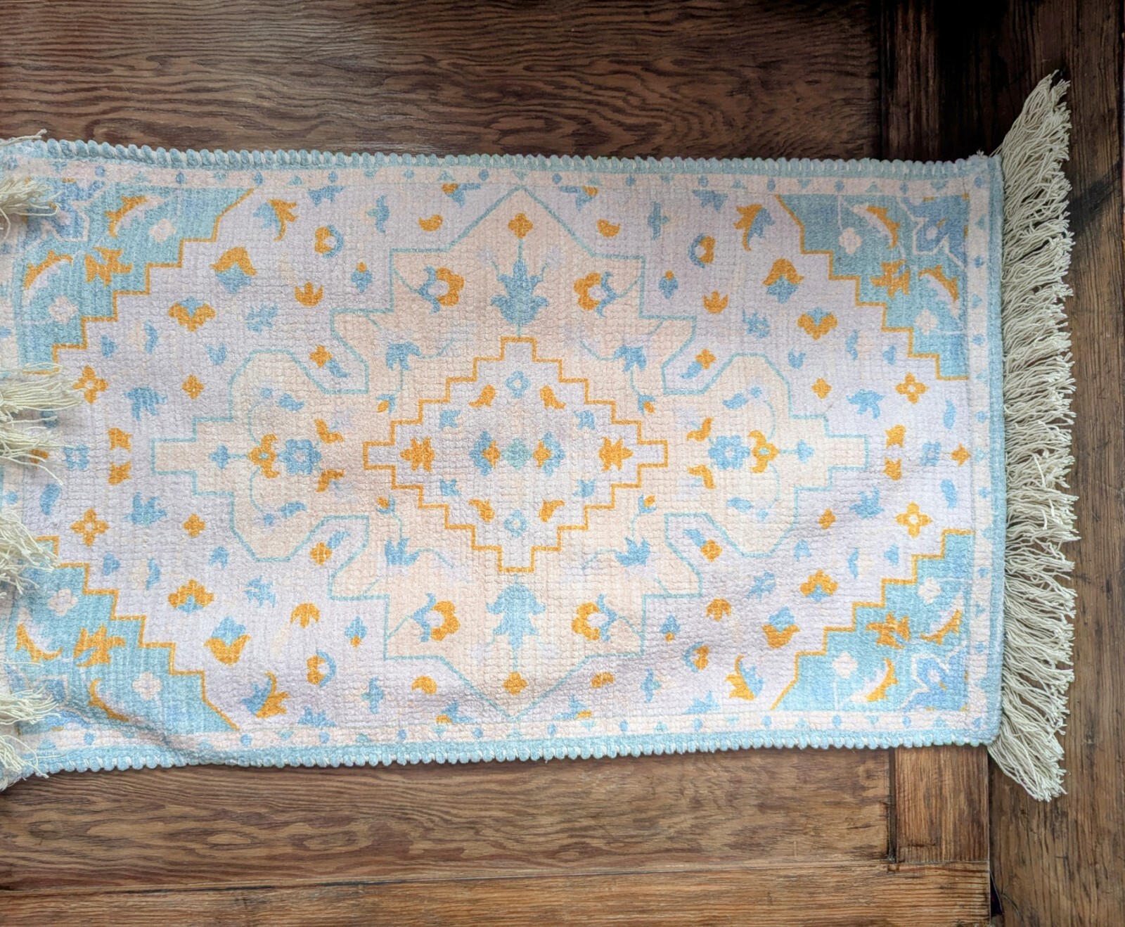 ANTHROPOLOGIE Boho 21″ by 43″ Area RUG Fringed Yellow Teal Cream Blue