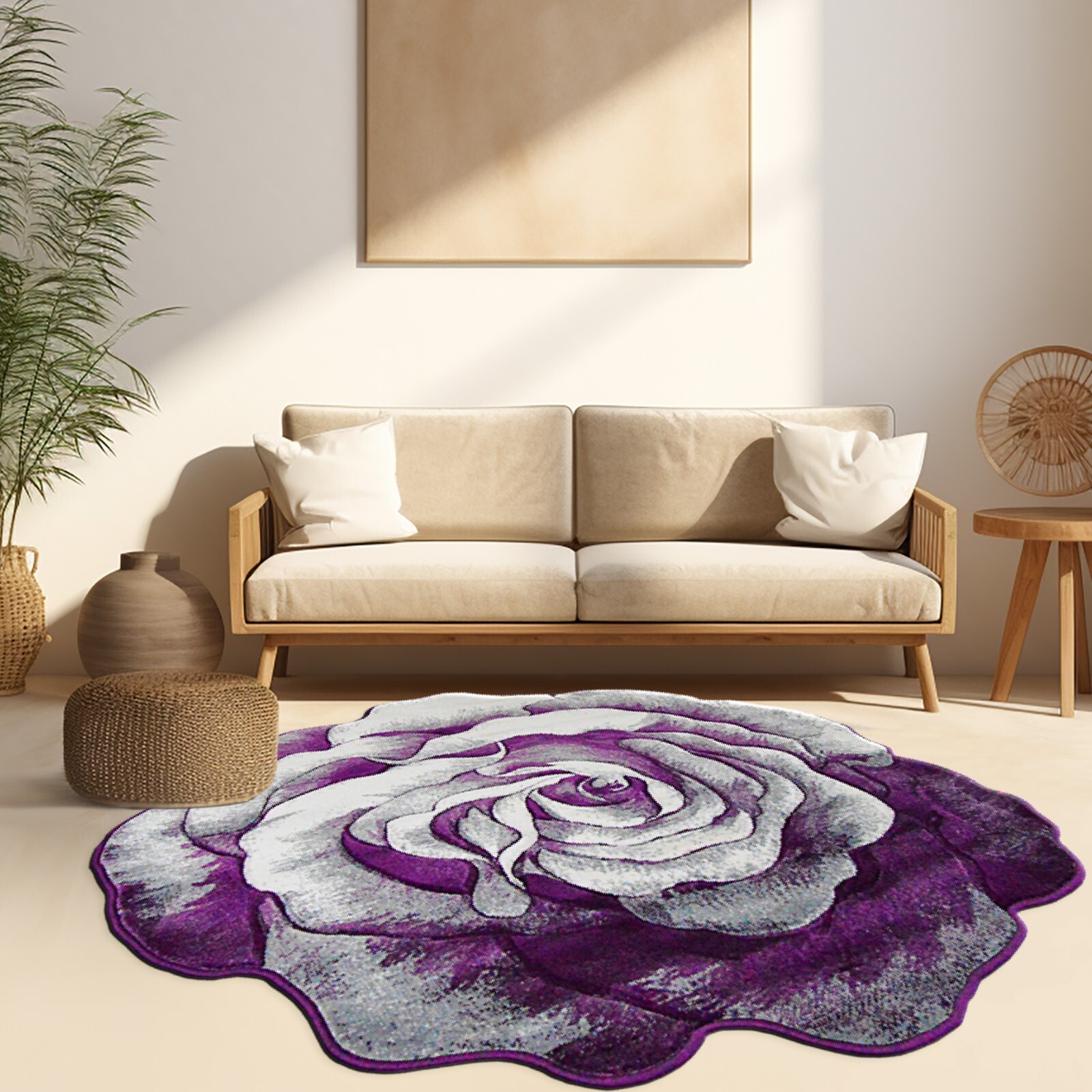 Flowers Hand Carved Floral Rose Novelty Thick Rug 304 Purple 6’6”x6’6” Round
