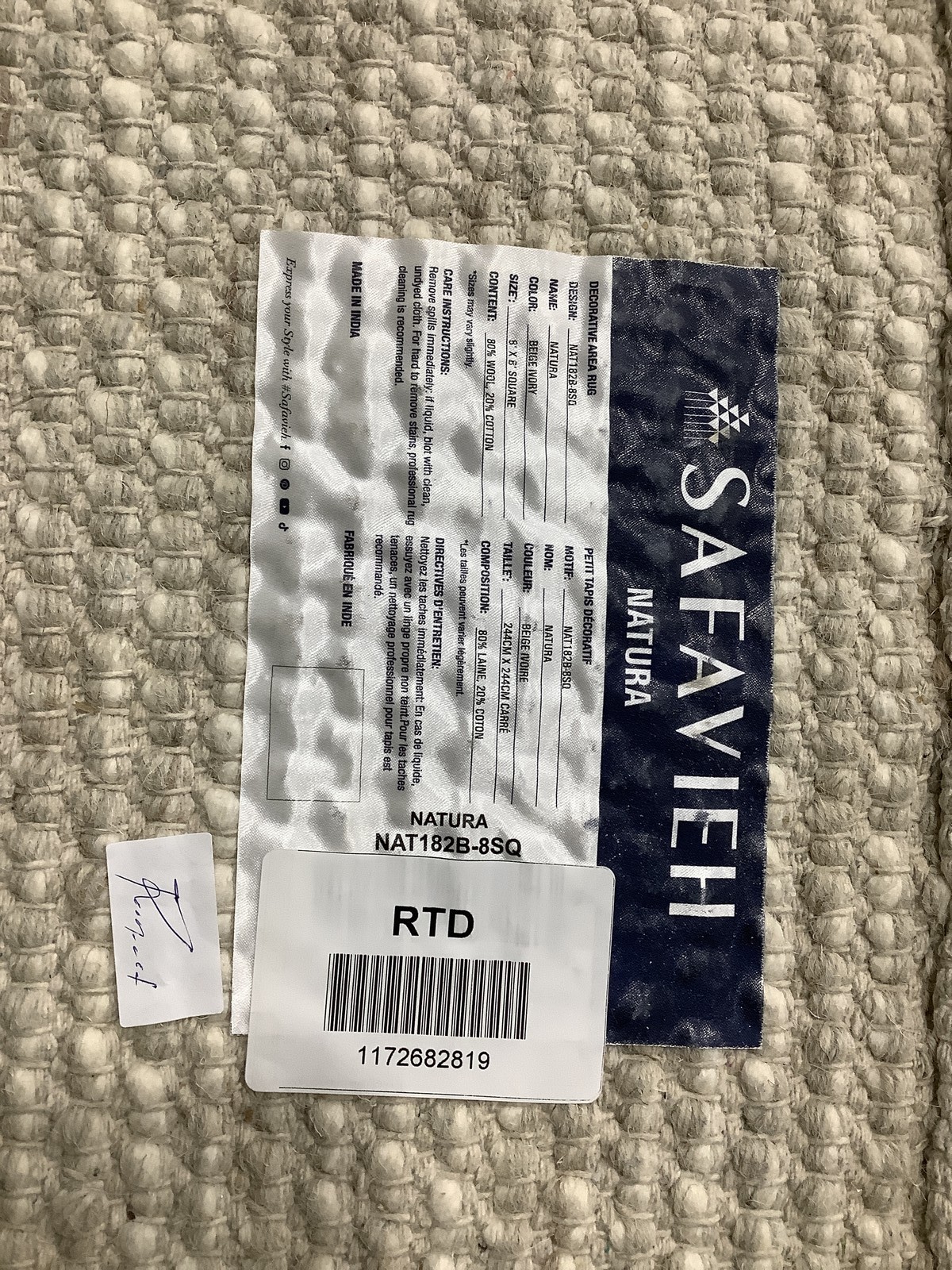 BEIGE / IVORY 8′-0″ x 8′-0″ Flaw in Rug, Reduced Price 1172682819 NAT182B-8SQ