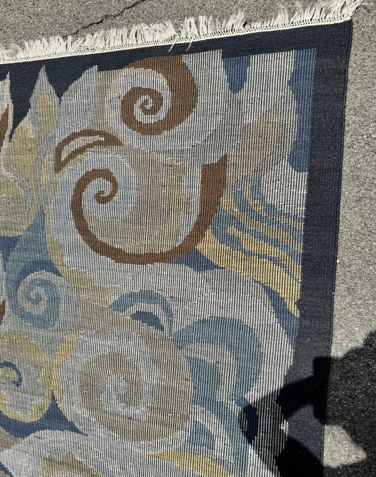 Vintage Signed Swedish Rollakan Area Rug Blue & Yellow 4.8×6.6 ft Modernism MCM