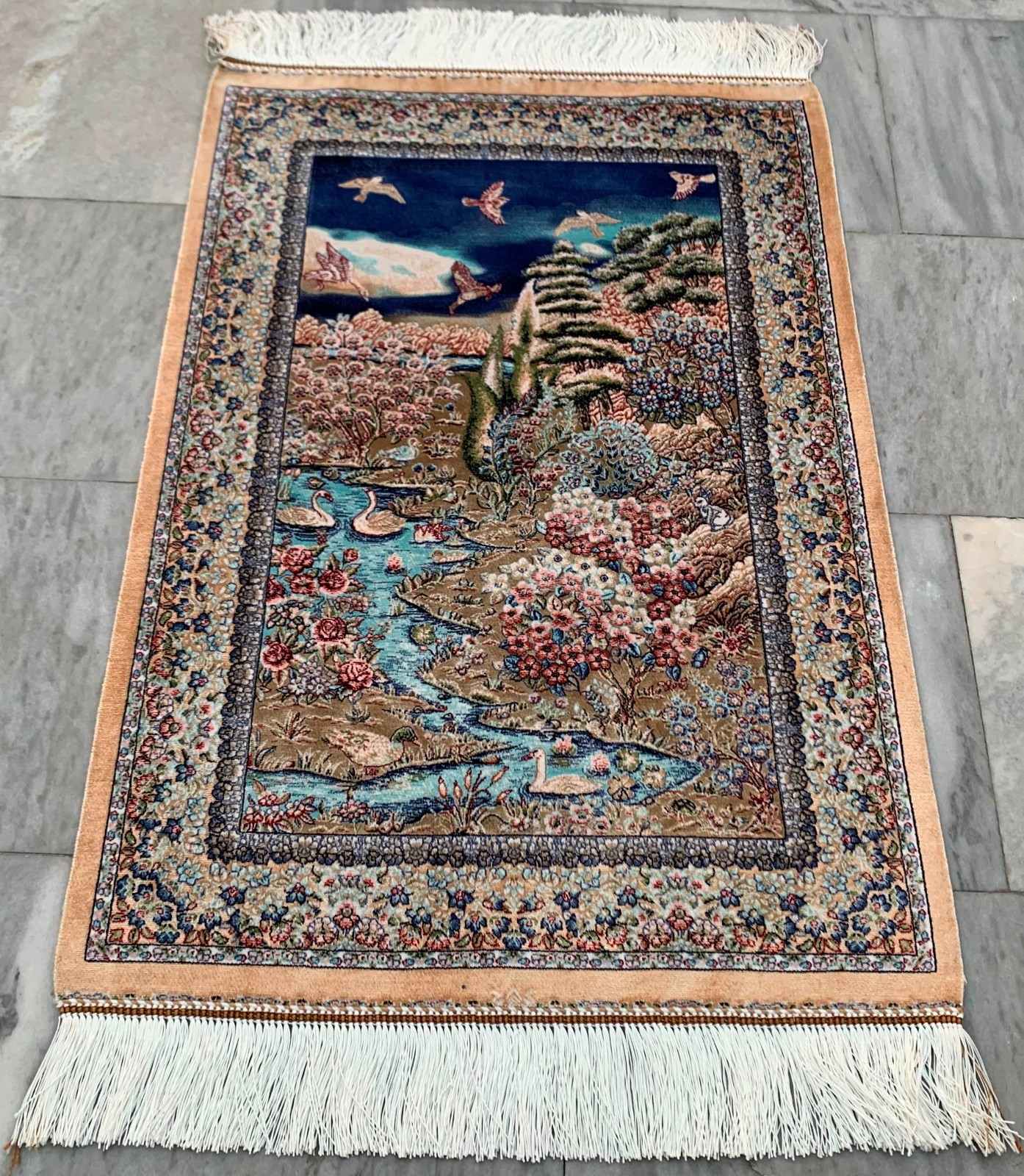 2×3 ft Turkish Silky Rug Medallion Wall Hanging Rug Pictorial Silk Tapestry Rug