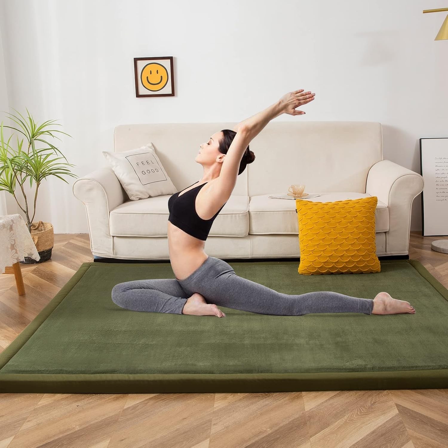 Thick Handmade Coral Velvet Tatami Mat – 59″ x 78″ Olive Green Living Room Rug