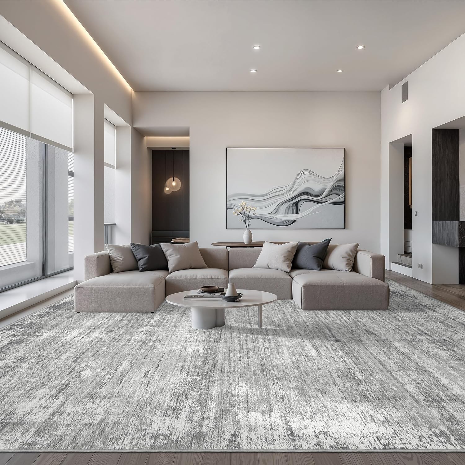8×10 Modern Abstract Area Rug w Non-Slip Backing, Washable, Stain Resistant Grey