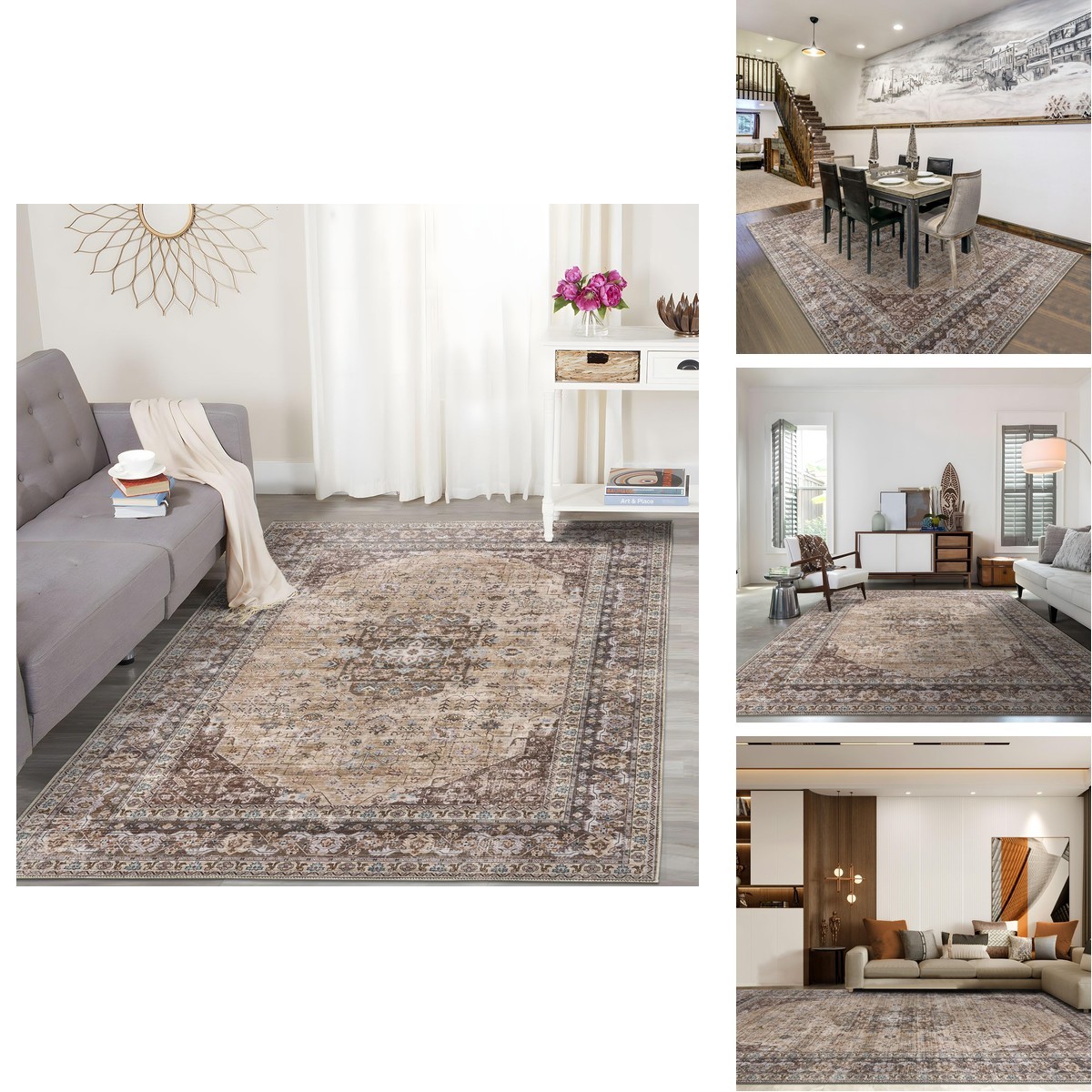 Decomall Kalina Washable Area Rugs Bohemian Vintage Foldable Carpet For Living