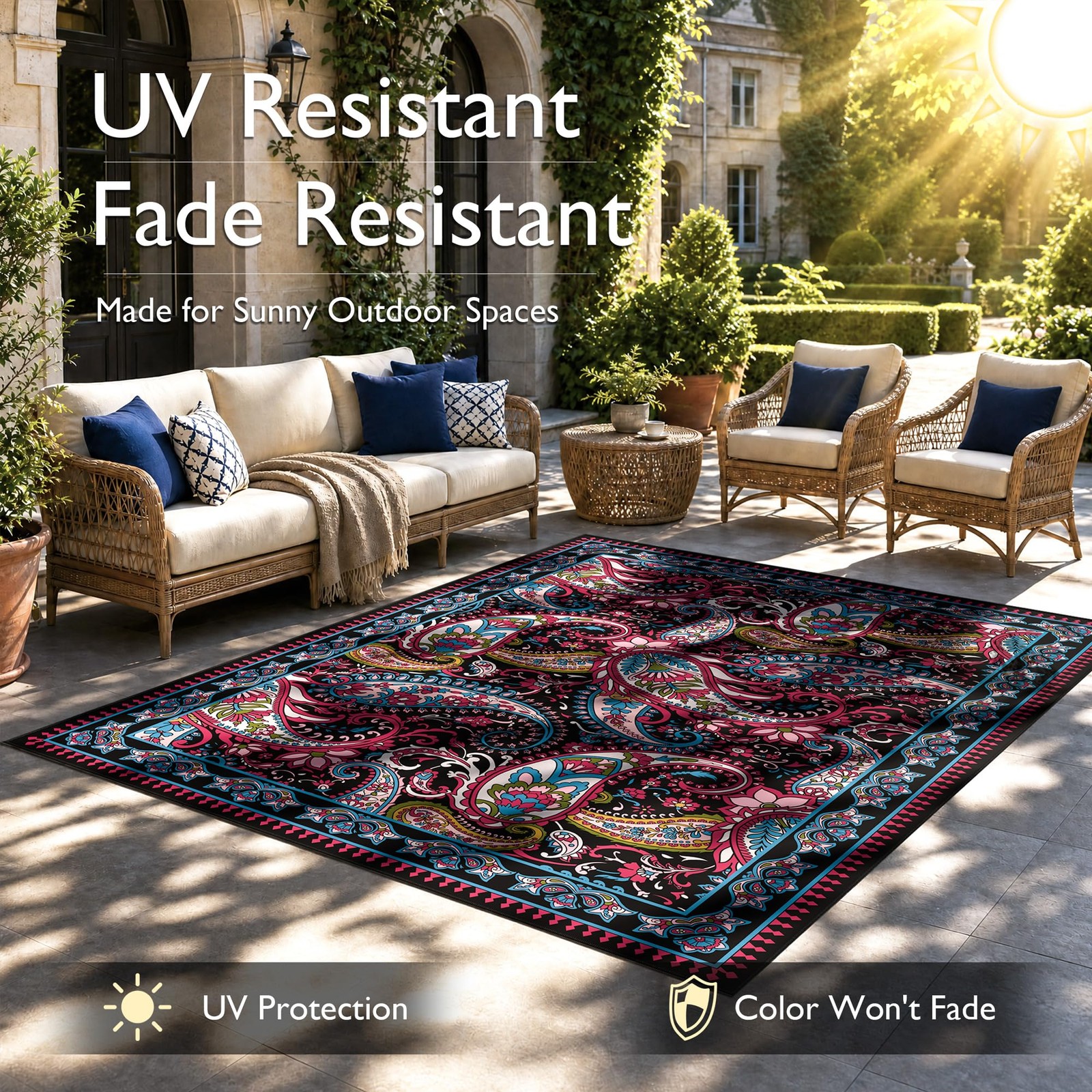 Paisley Outdoor Rug Waterproof 6×9, UV Resistant Non Slip Patio Rug, Indoor O…