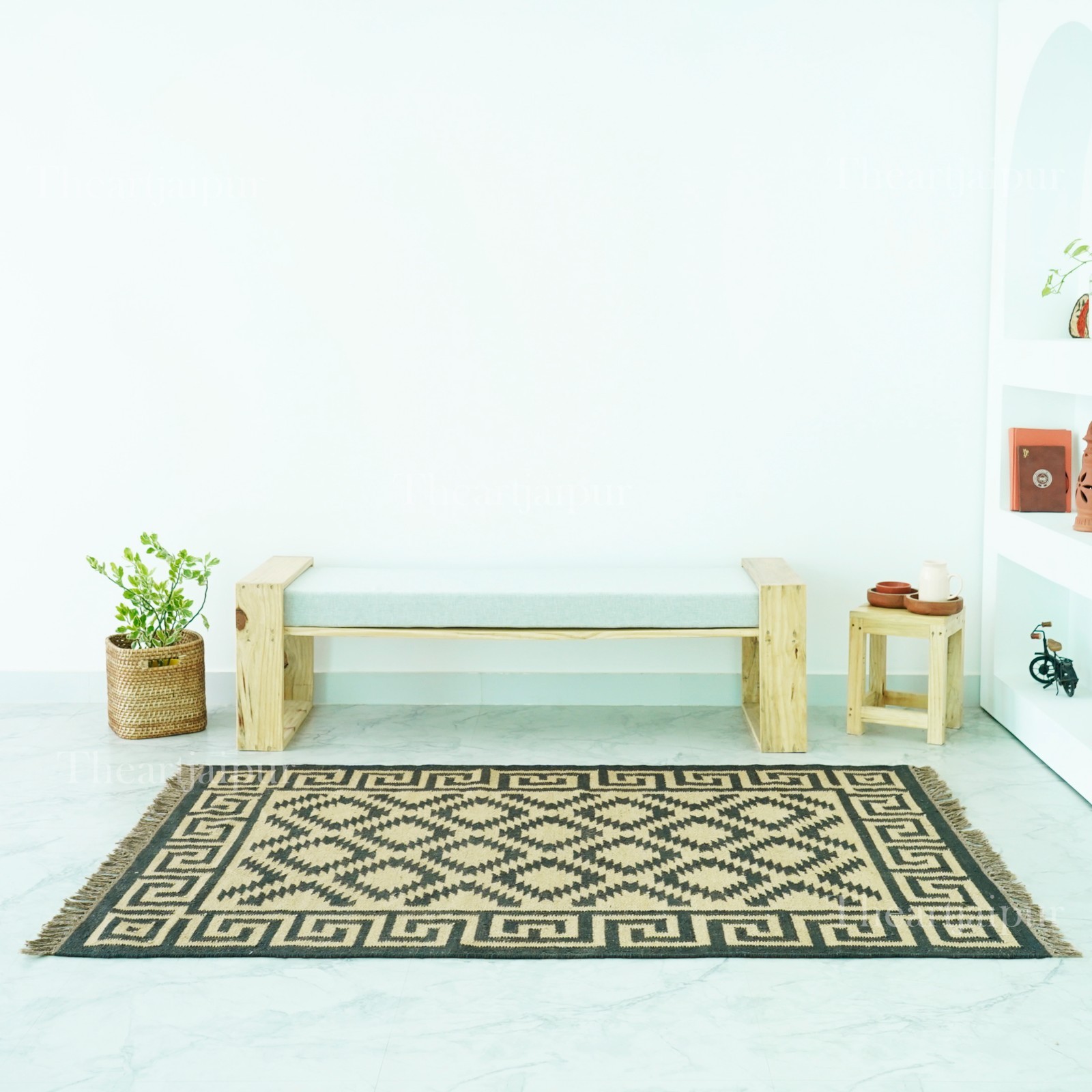 Handwoven Wool-Jute Geomatric diamond Floor Rug,Boho Modern Artisan Area Carpet