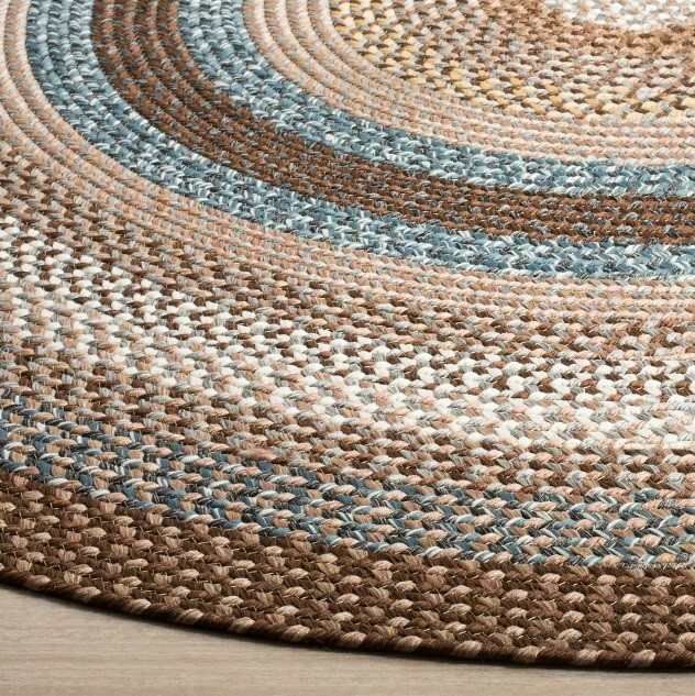 Round Braided Rug 9 Ft Farmhouse Rustic Brown Blue Beige Cabin Jute Look Carpet