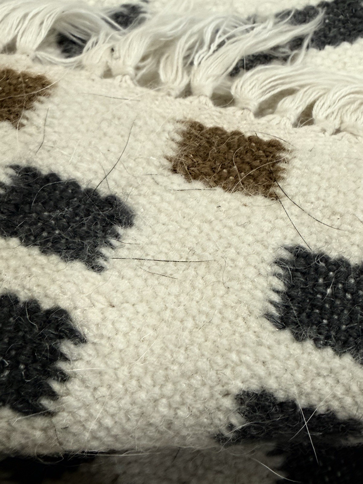 Wool Geometric Abstract Runner Rug Carpet 32”x83” Grey Crème Gold Brown Fringe D