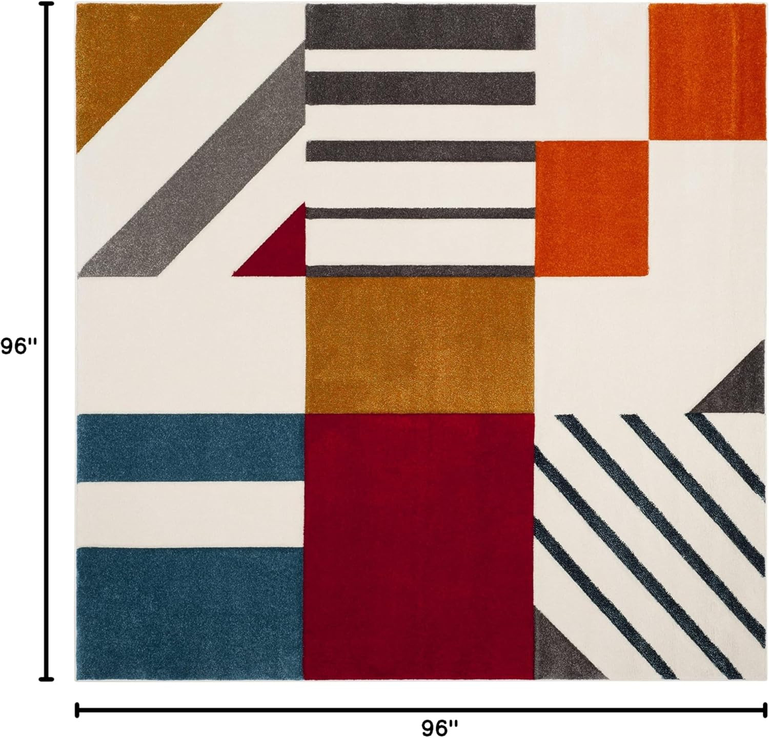 Mid-Century Modern Hollywood Area Rug 8′ Square, Ivory & Peacock Blue