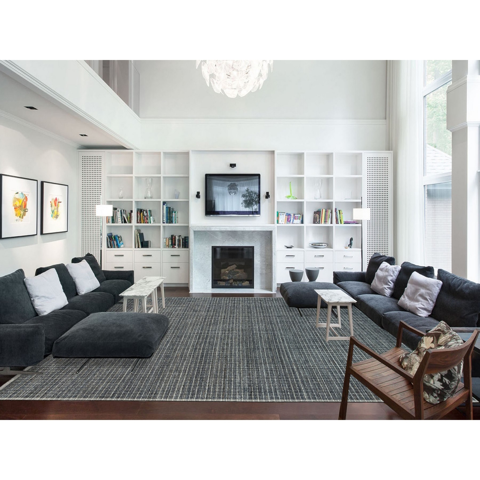 12′ x 14’9″ Gray Loomed Knotted Modern Box Design Pure Wool Oversized Rug R90345