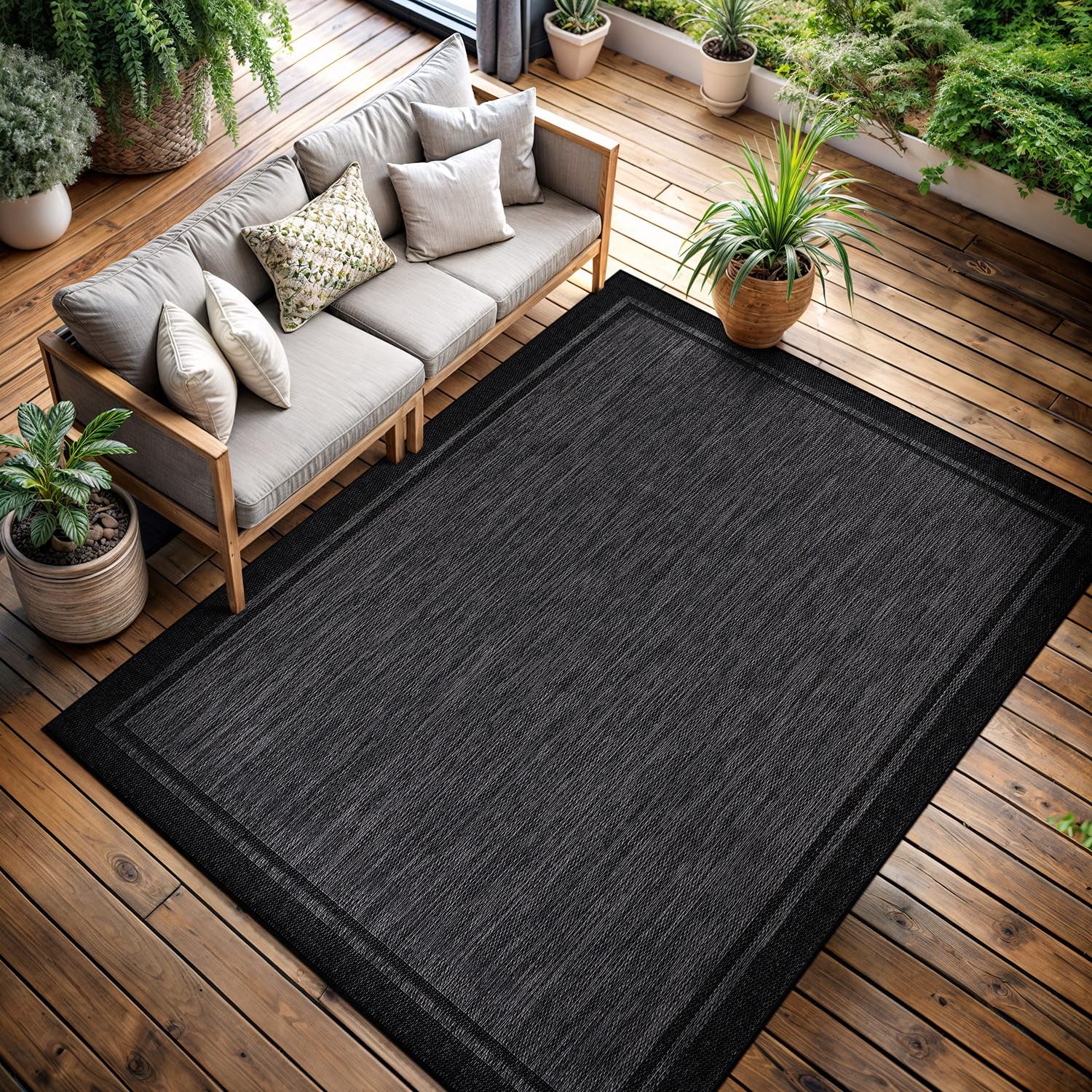 Indoor Outdoor Rug 6×9 Bordered Dark Grey Black Modern Washable Porch Deck