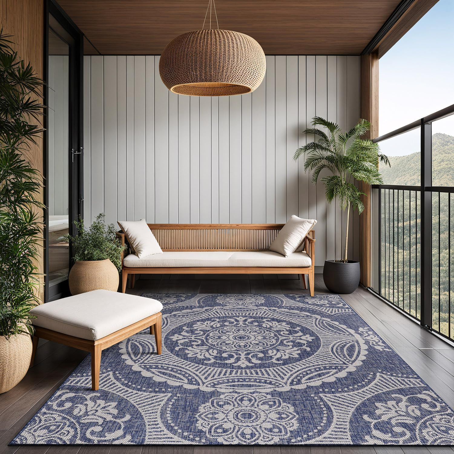 Blue Medallion Outdoor Rug 6×9 – Washable, Waterproof, Easy Clean Area Carpet