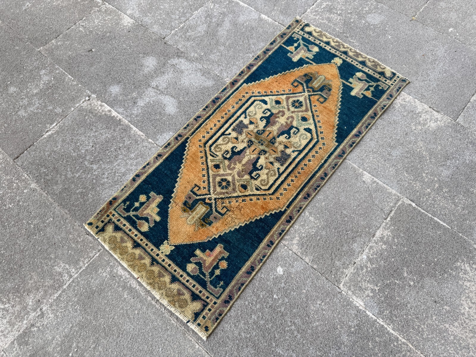 Handwoven Anatolian Accent Carpet 1.4×3.1 Ft Navy Camel Tribal Wool Decor