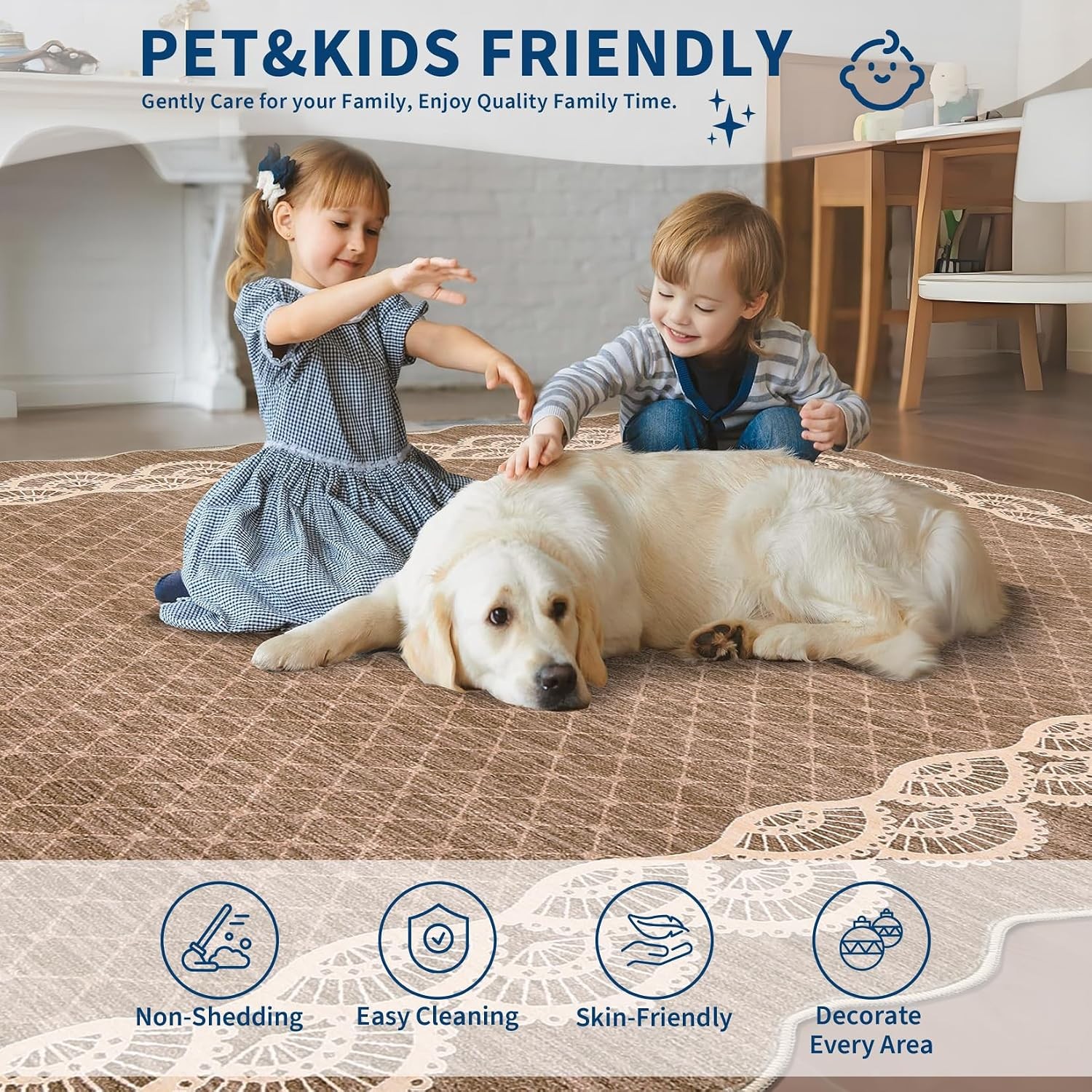 Scalloped Geometric Trellis Washable Area Rug Non Slip Living Bedroom Nursery